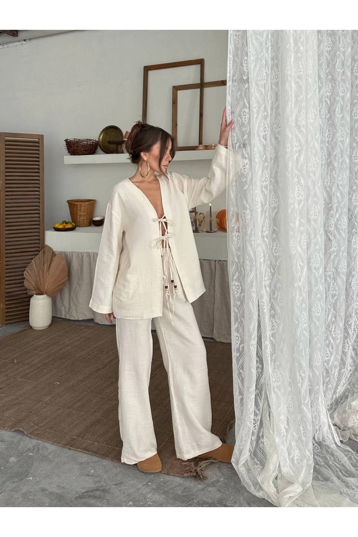BARLEY Keten Bağcıklı Kimono Palazzo Takım