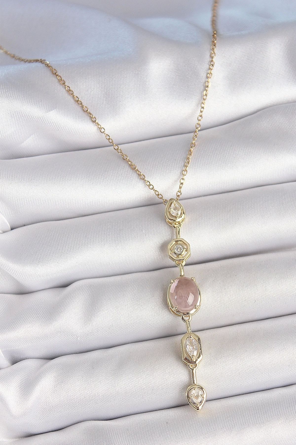 Clariss 316L Çelik Zincir Gold Renk Pembe Zirkon Taşlı Y Kolye