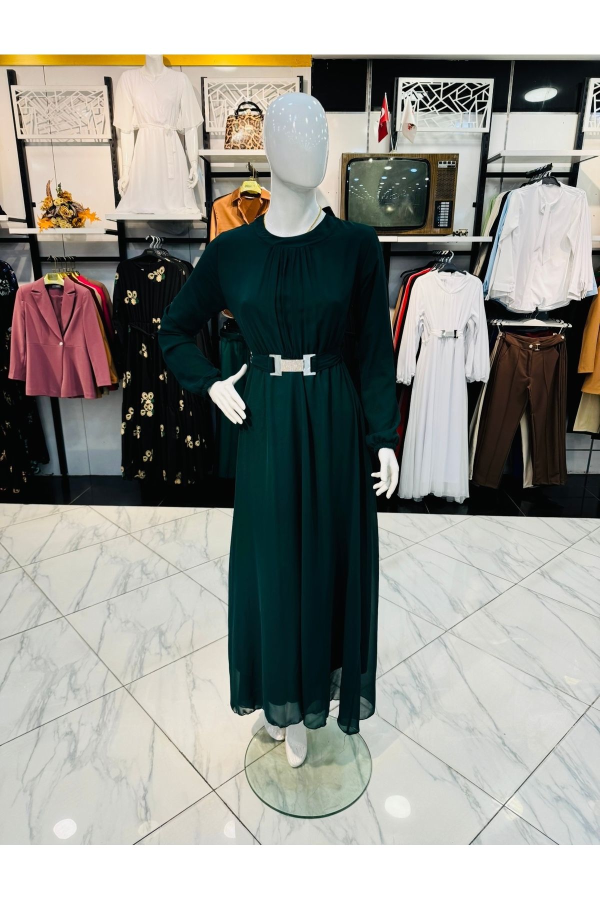 MC Boutique Kemerli Uzun Şifon Elbise®️