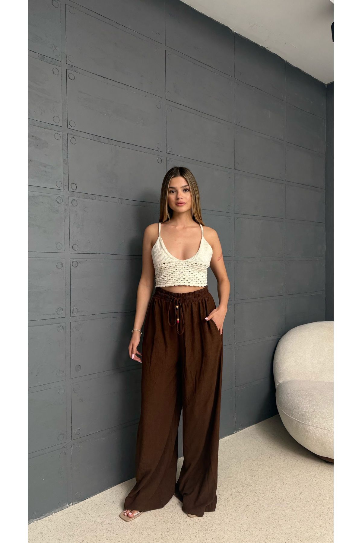 MIZUKI Bürümcük Keten Boncuklu Oversize Uzun Pantolon