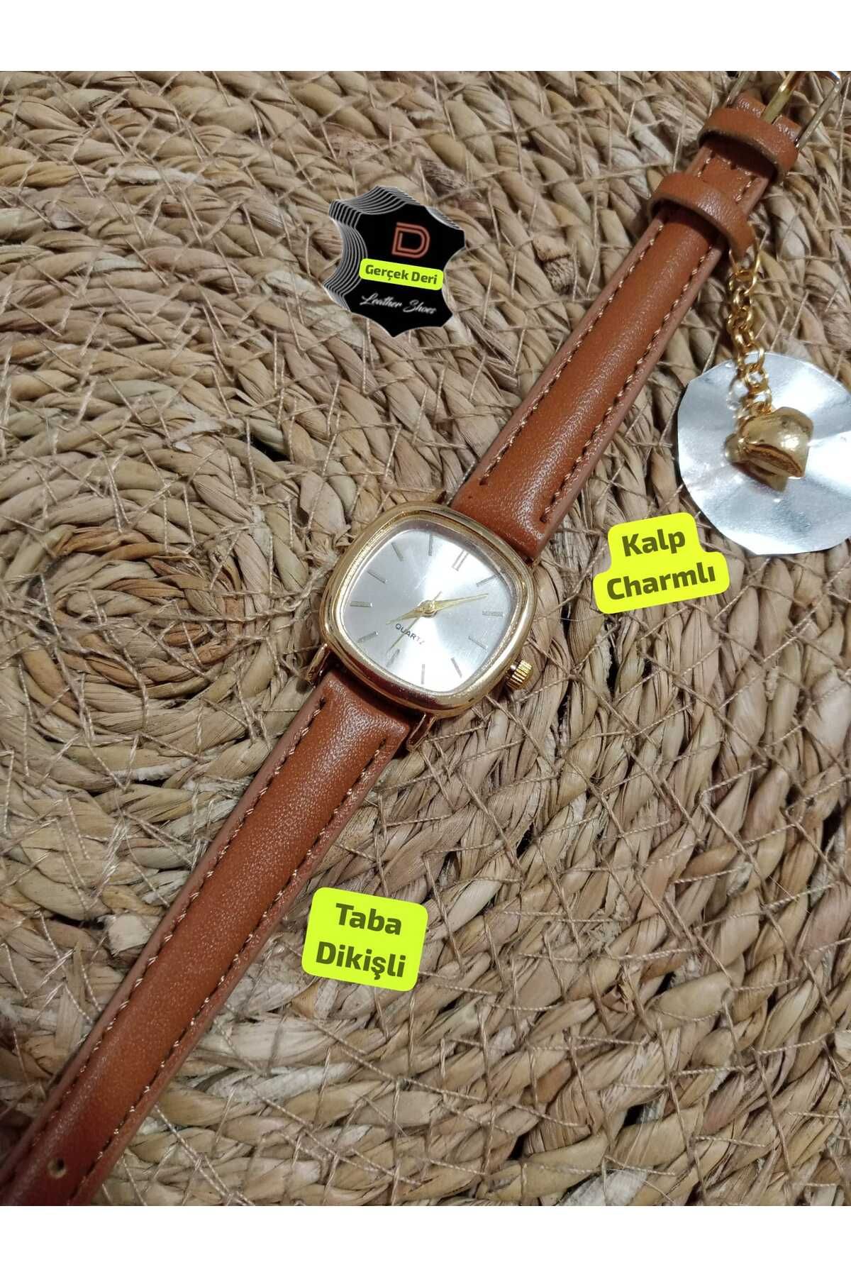 Brality CHARM Kalpli.. GERÇEK DERİ Vintage Oval Kare Kadın Kol Saati.. Taba Kordon.. Gold Kasa... 0021