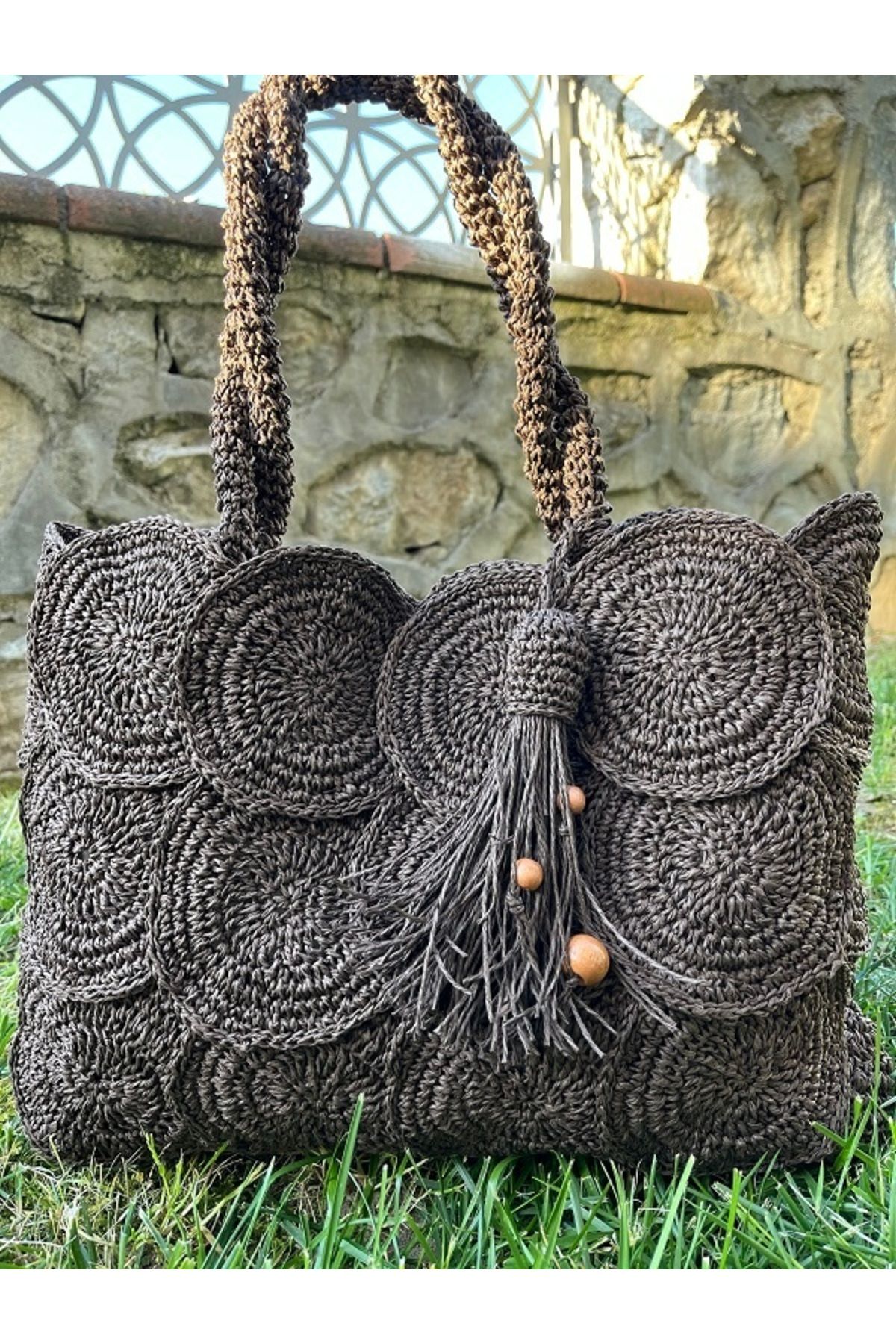 MSS ATALIER KADIN ÖRGÜ YUVARLAK MOTİF, HASIR, TOTE KROŞE SHOPPER EL OMUZ ÇANTASI,GÜNLÜK GECE PLAJ,ASTARLI