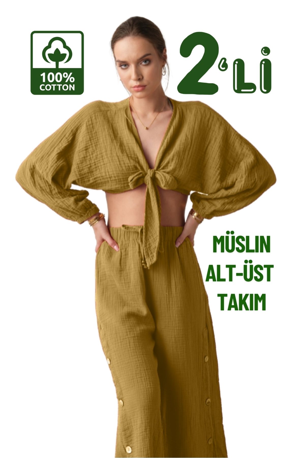 clavia Müslin Pantolon, Crop Büstiyer Alt-üst Yazlık İkili Takım, Rahat Kalıp Bol Paça Yüksel Bel Pantolon