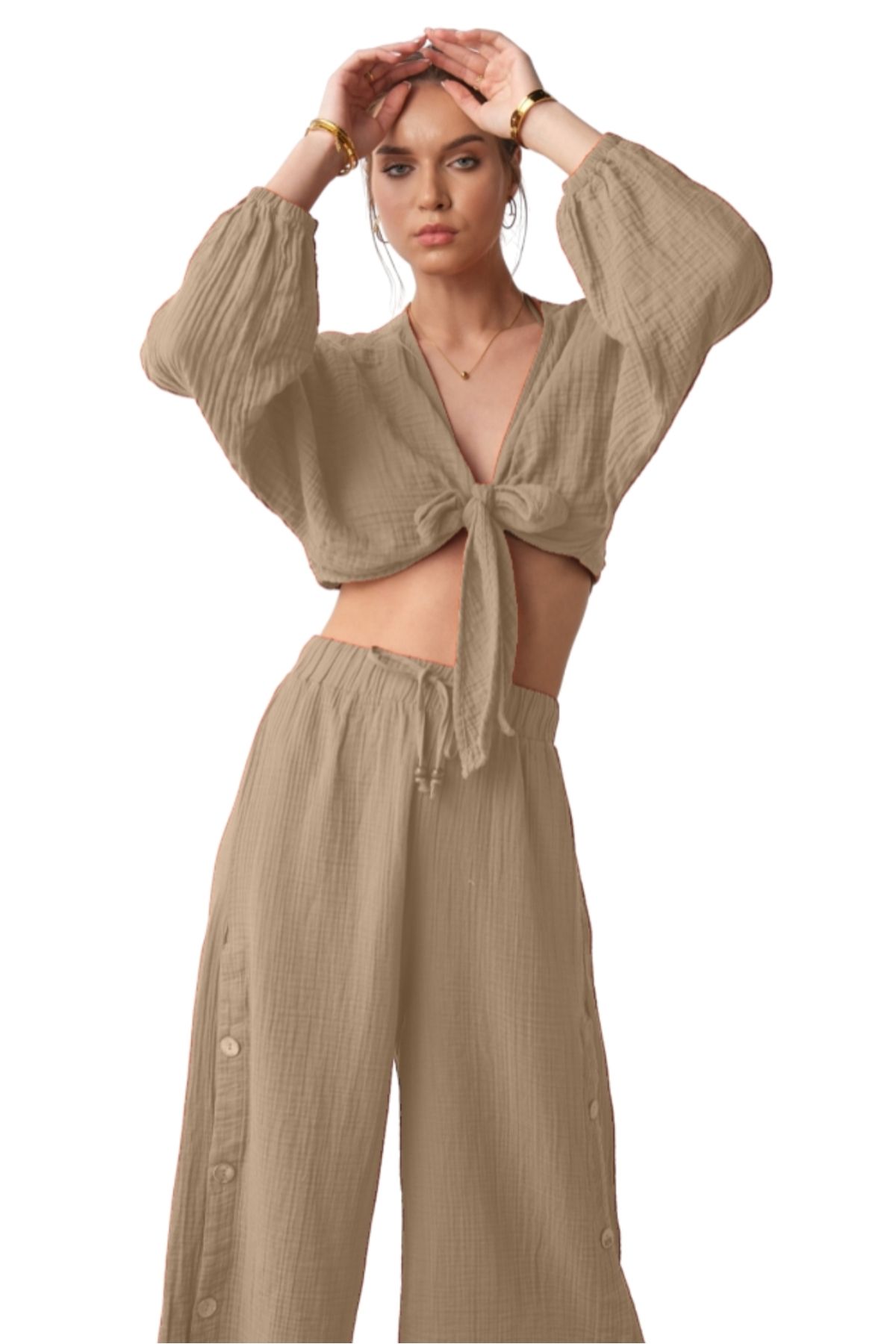 clavia Müslin Büstiyer, Önden Bağlama Detaylı Rahat, Geniş Fit Crop Büstiyer,