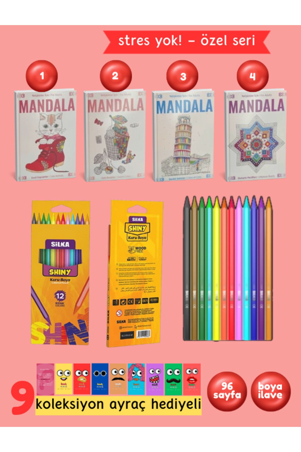 Pembe Pasaj Yetişkinler İçin Mandala Boyama Kitabı Büyükler İçin Mandala Terapi Seti 3 Kitap