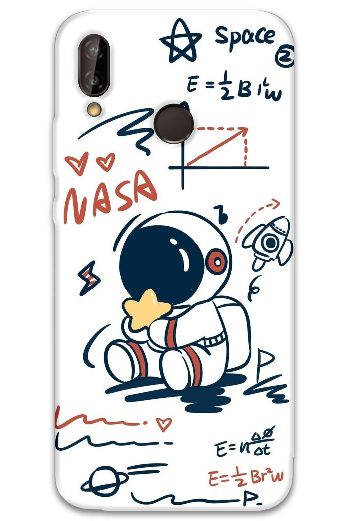 Gramaphone Huawei P Smart 2019 Uyumlu Astronot Desenli Telefon Kılıfı + Ekran Koruyucu - 5858