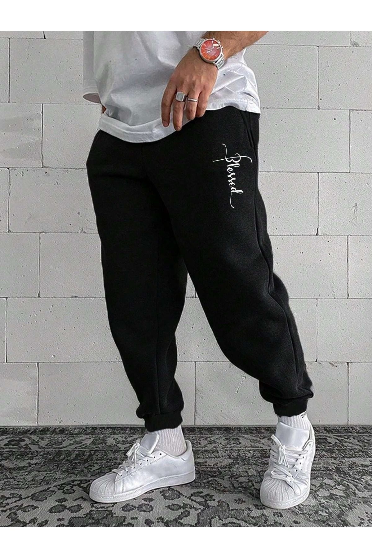 FoxSkin Sportswear&Company Blessed Eşofman Altı Jogger - Siyah Baskılı Lastik Paça Yüksek Bel Kışlık