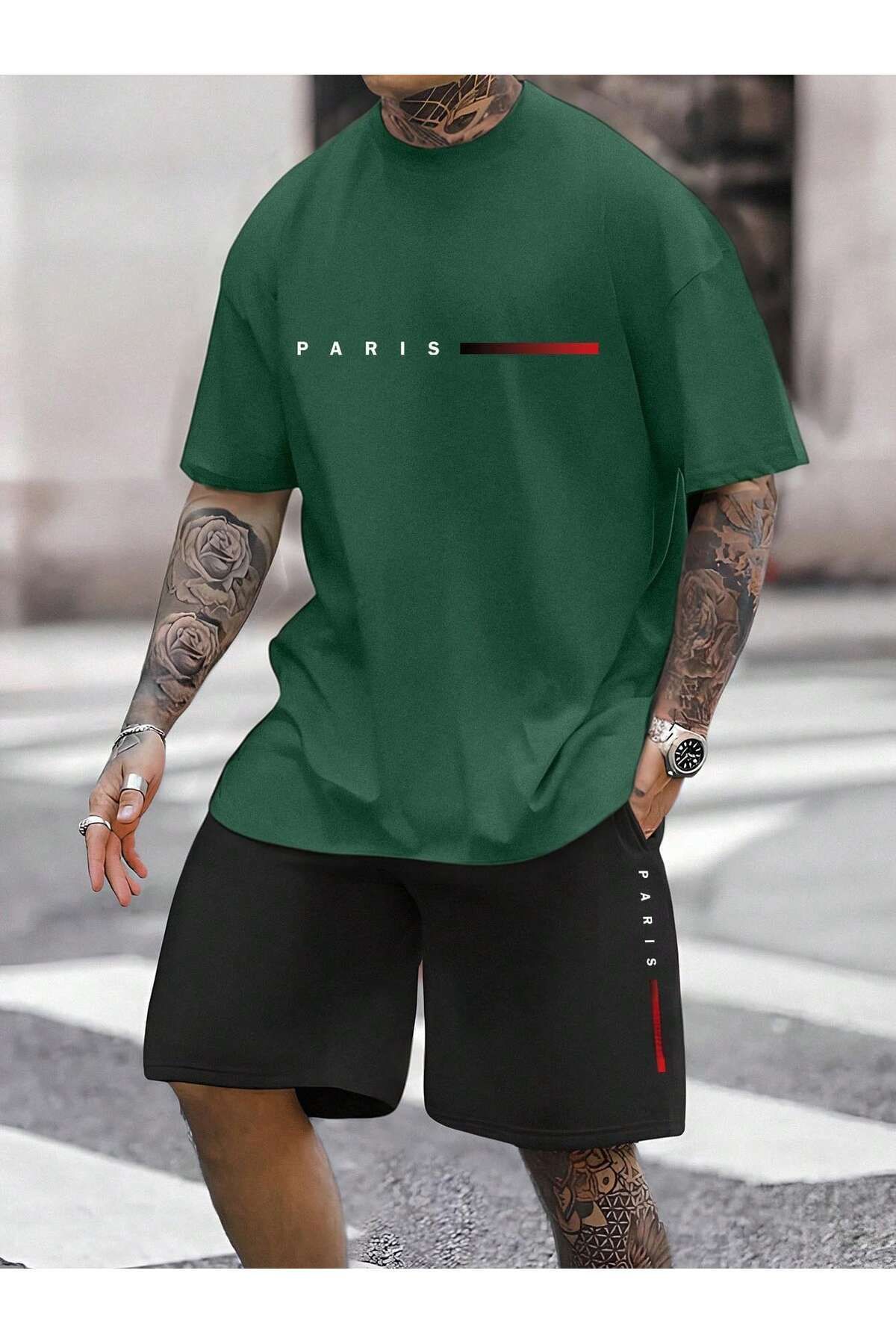 FoxSkin Sportswear&Company Paris Soluk Şerit T-Shirt Şort - Nefti Yeşil Siyah Alt Üst Takım Şort Tişört Baskılı Bisiklet Yaka