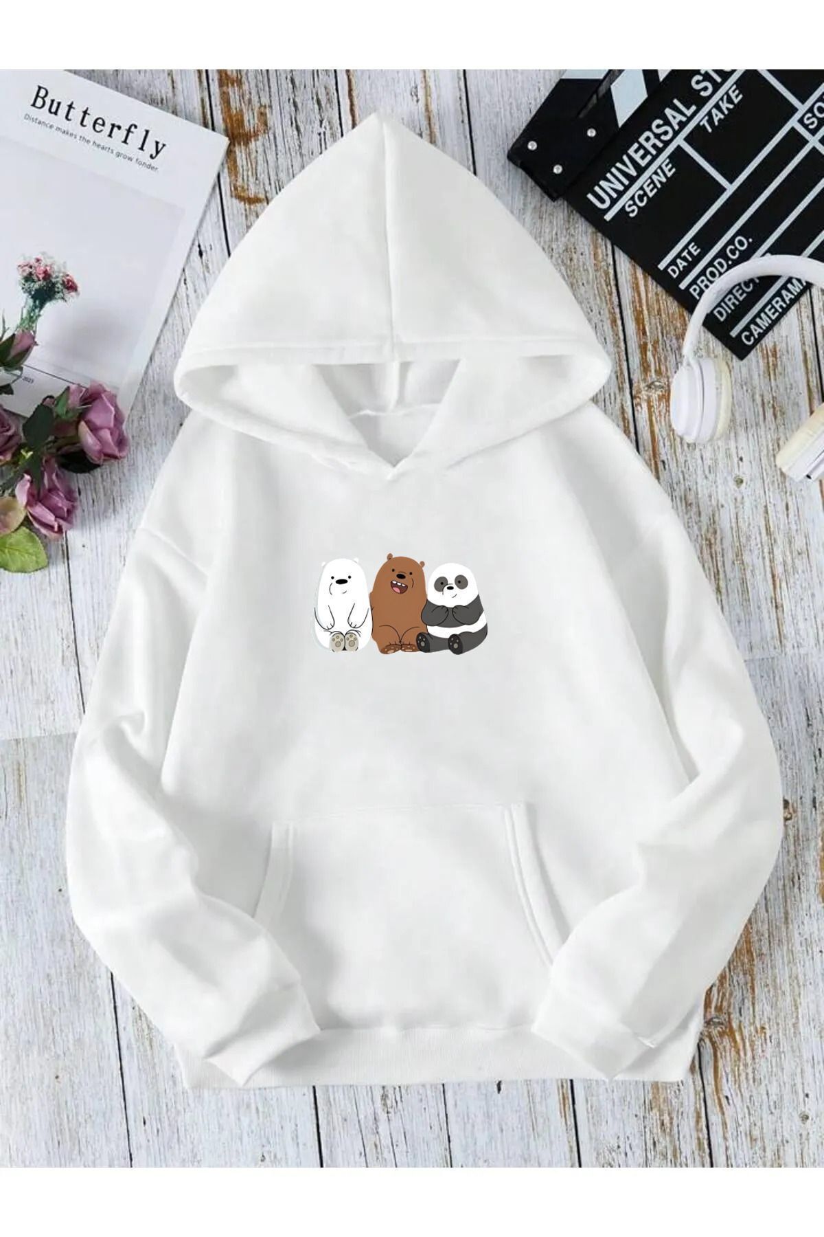 FoxSkin Sportswear&Company UNISEX 3 Ayı Baskılı Kapüşonlu Oversıze Sweatshirt Hoodie