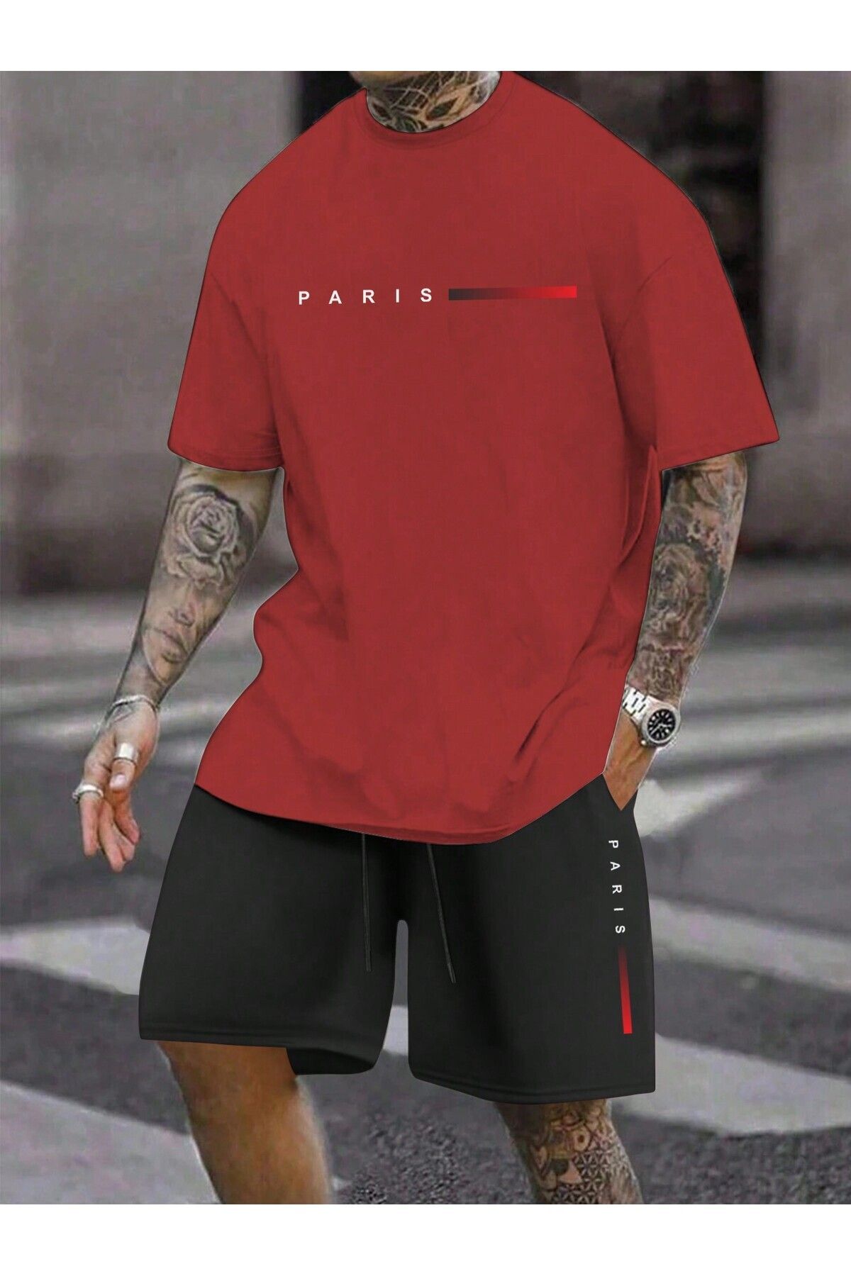 FoxSkin Sportswear&Company Paris Soluk Şerit T-Shirt Şort - Kırmızı Siyah Alt Üst Takım Şort Tişört Baskılı Bisiklet Yaka