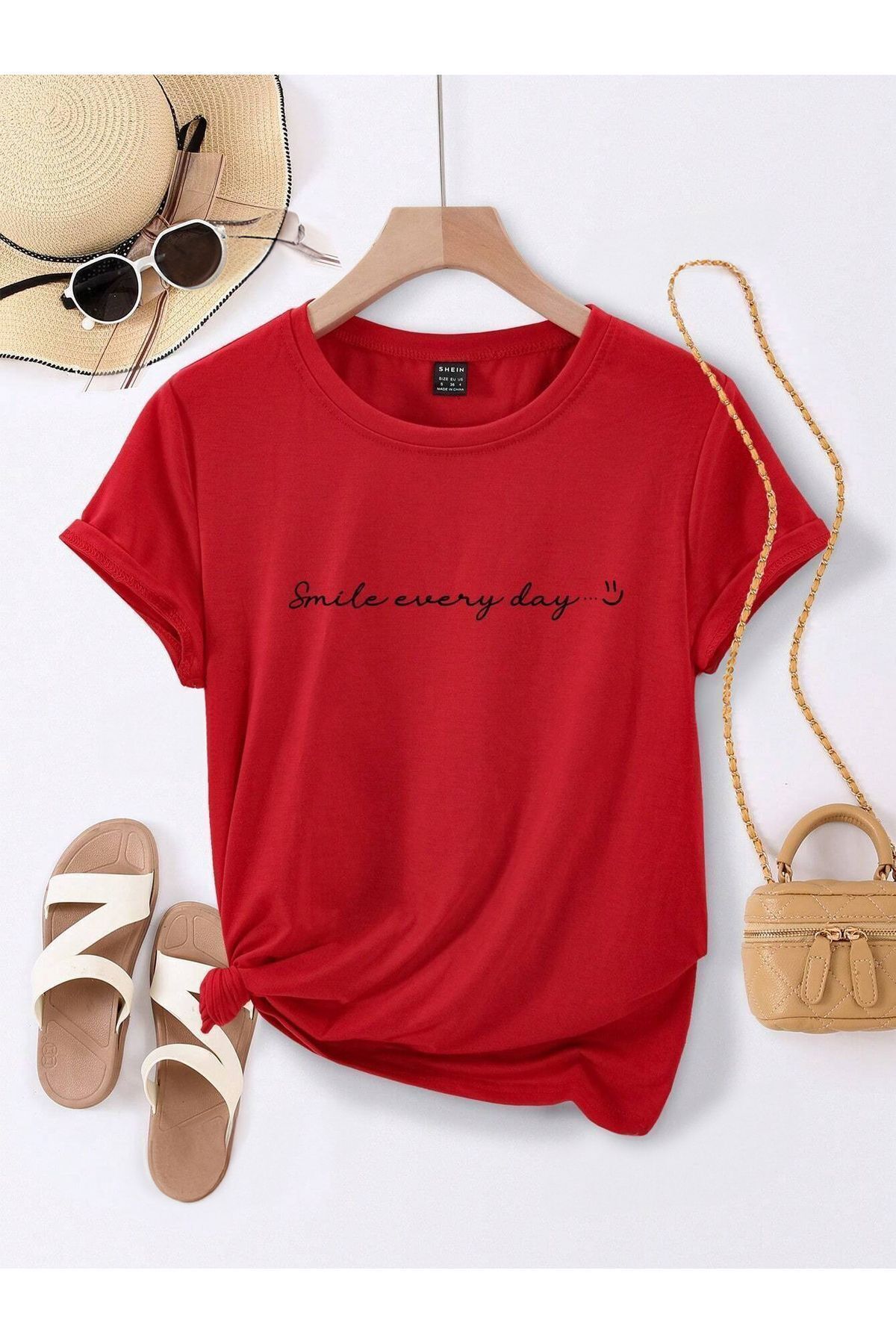 FoxSkin Sportswear&Company Smile Every Day Tişört - Kırmızı Baskılı Oversize Yazlık Kısa Kol T-Shirt Bisiklet Yaka