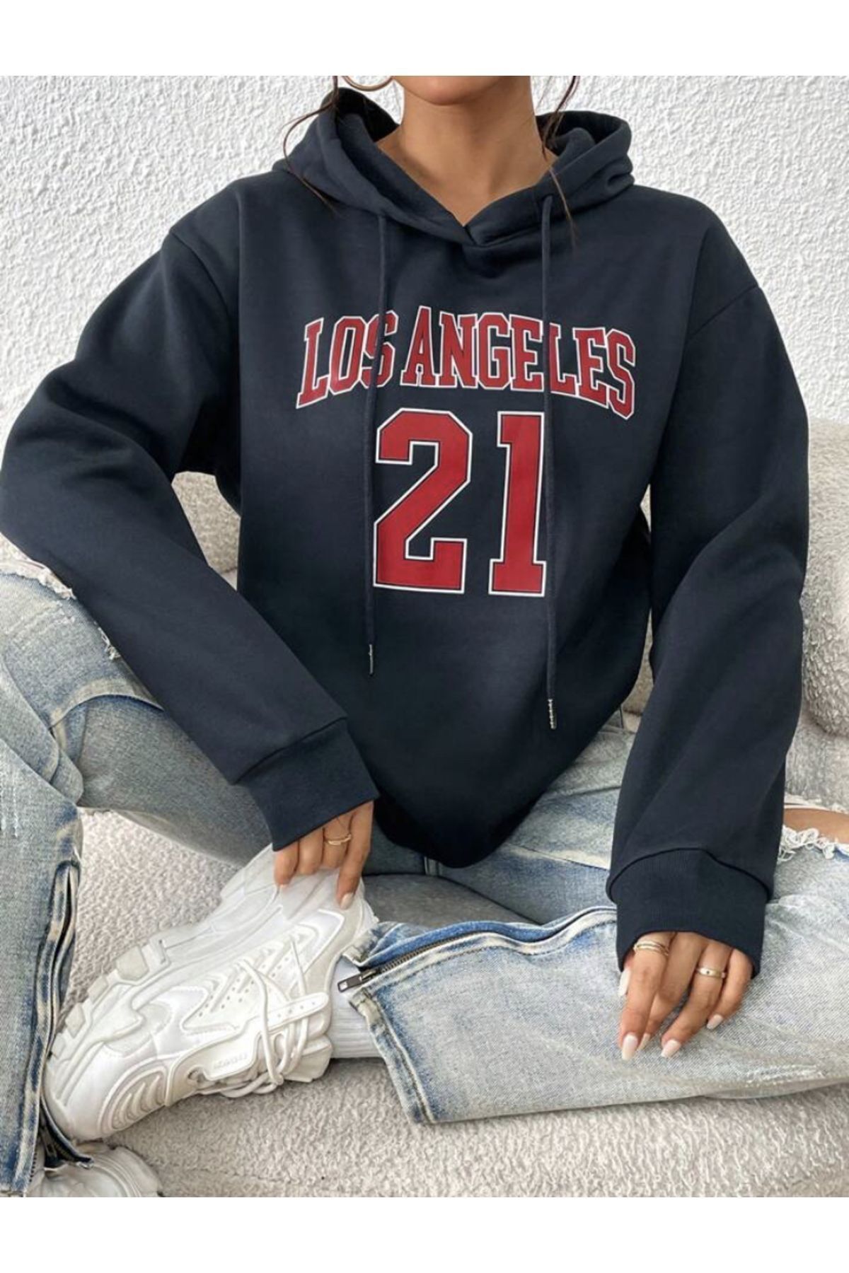 FoxSkin Sportswear&Company Unisex Los Angeles 21 Baskılı Kapüşonlu Oversıze Sweatshirt Hoodie
