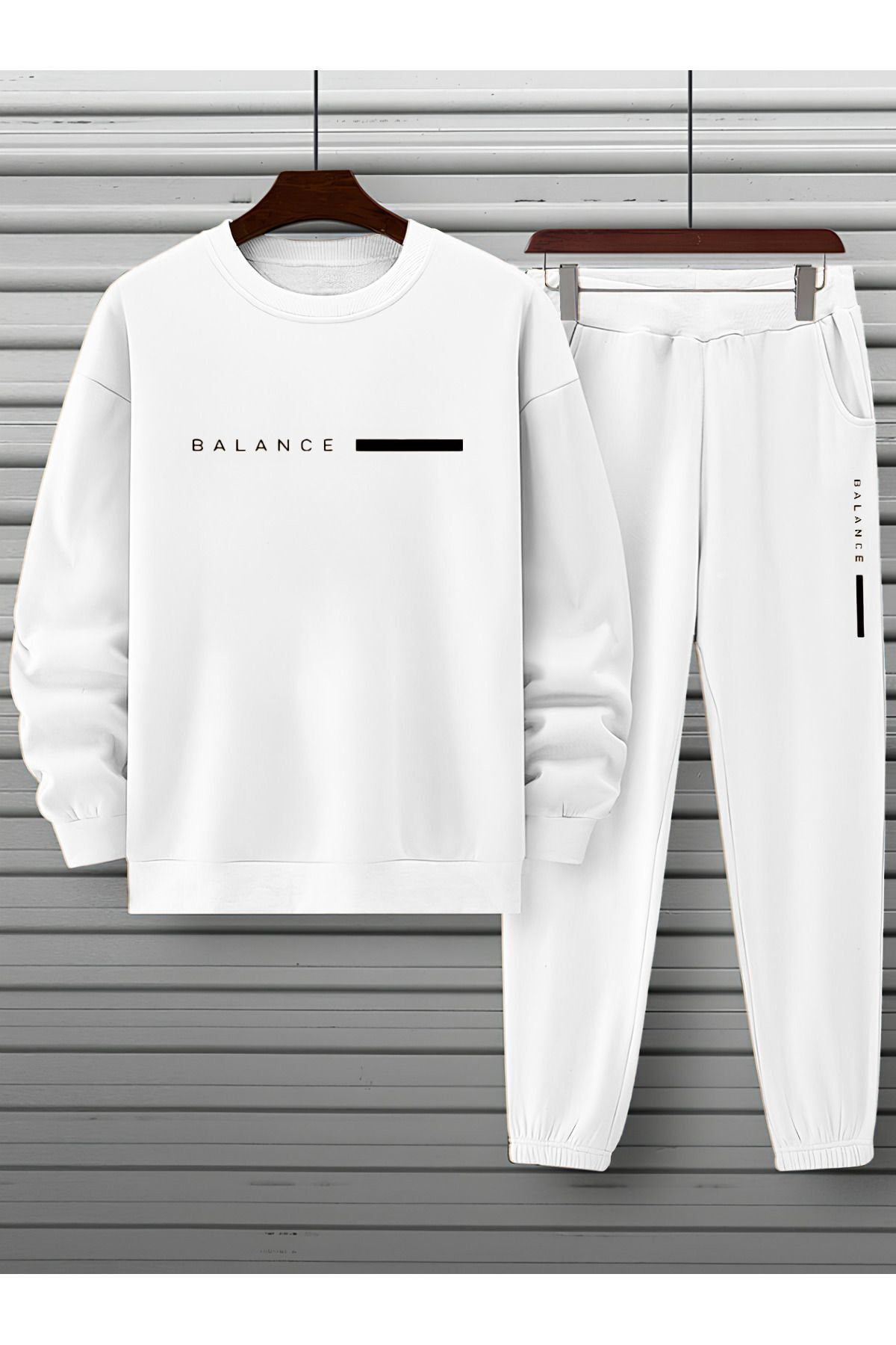 FoxSkin Sportswear&Company Balance Sweatshirt Eşofman Altı Jogger - Beyaz Baskılı Eşofman Takımı Bisiklet Yaka