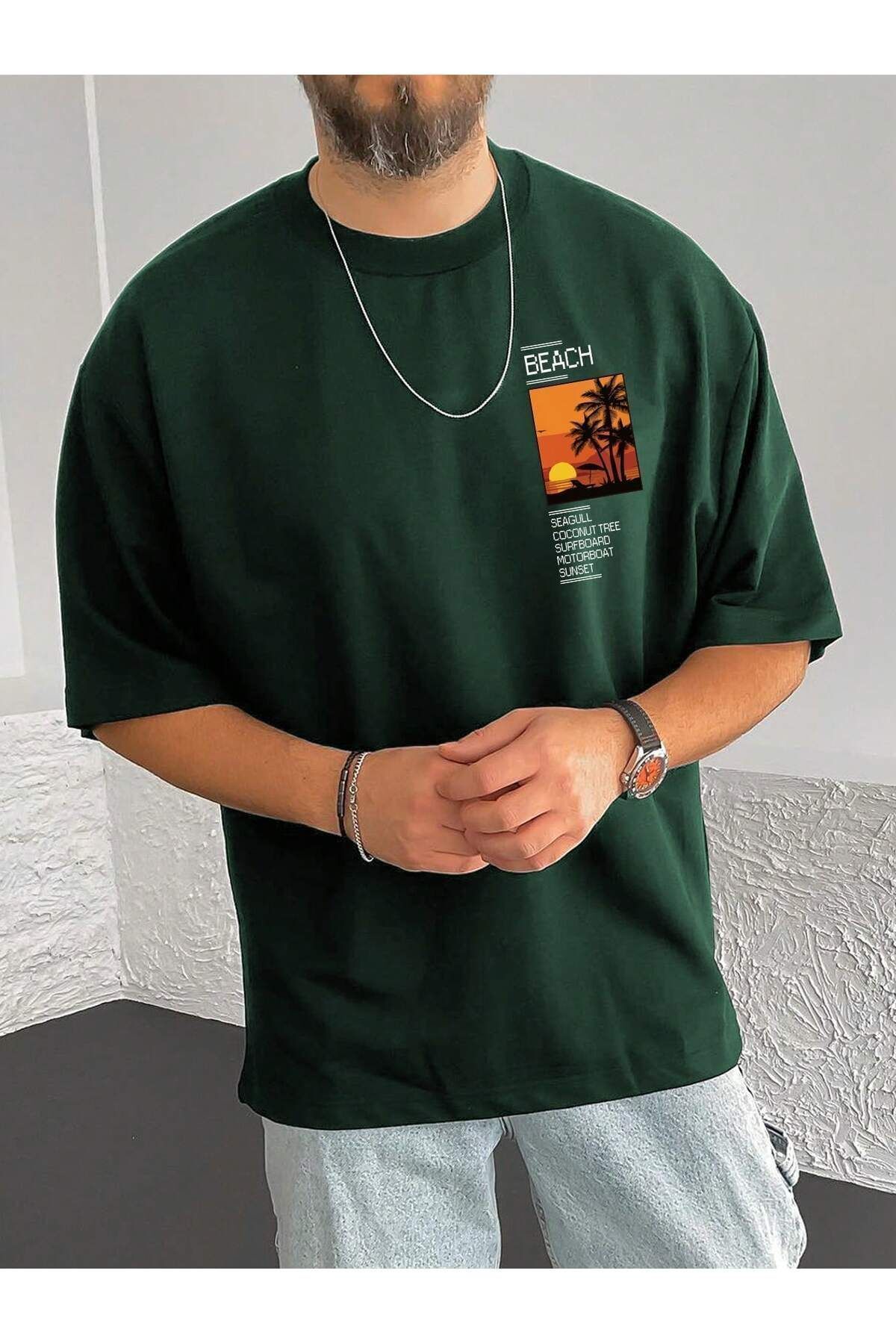 FoxSkin Sportswear&Company Beach Sunset Tişört - Nefti Yeşil Baskılı Oversize Yazlık Kısa Kol T-Shirt Bisiklet Yaka