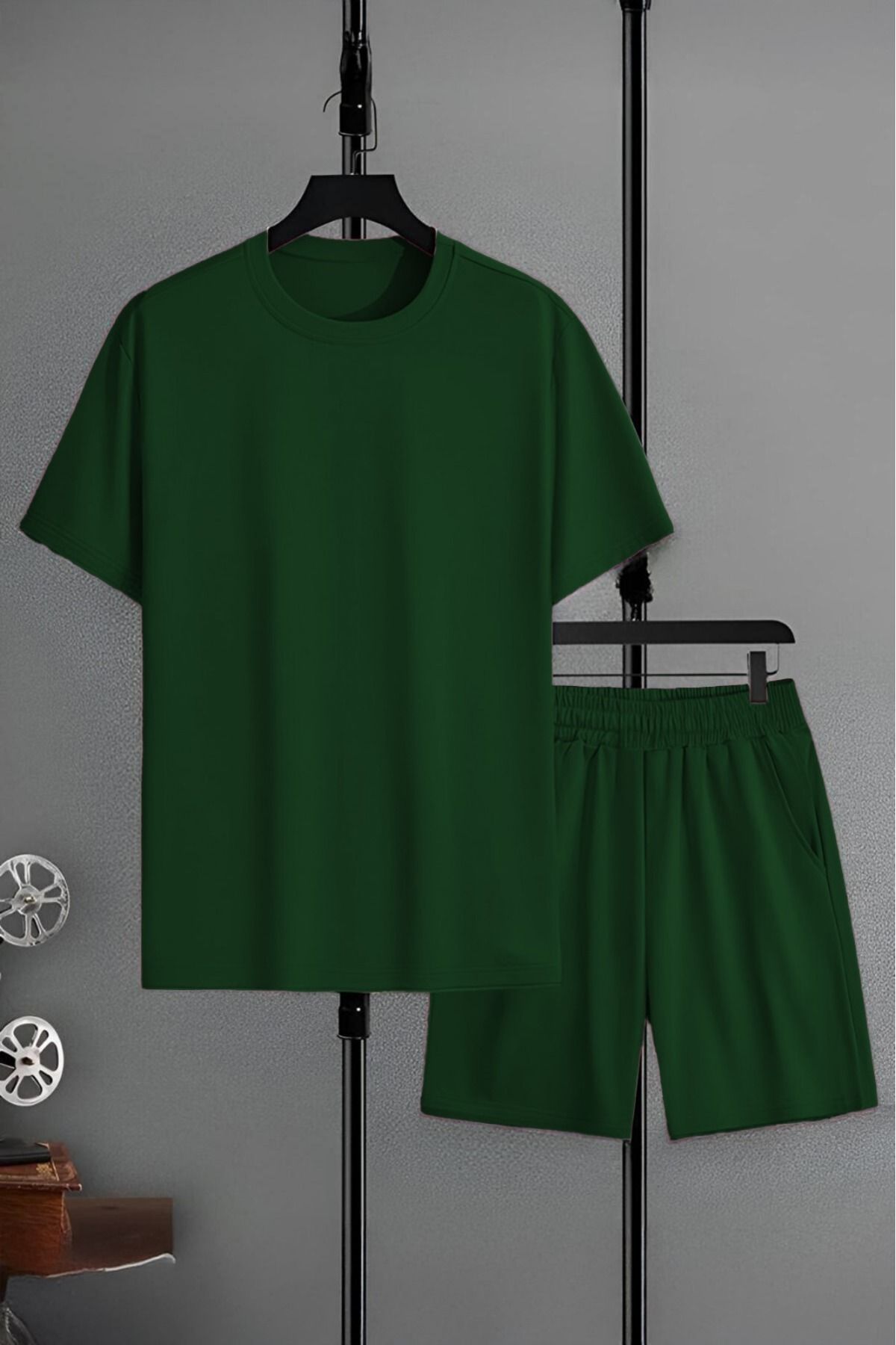 FoxSkin Sportswear&Company Nefti Yeşil Basic T-Shirt Şort - Alt Üst Takım Şort Tişört Kombin Bisiklet Yaka