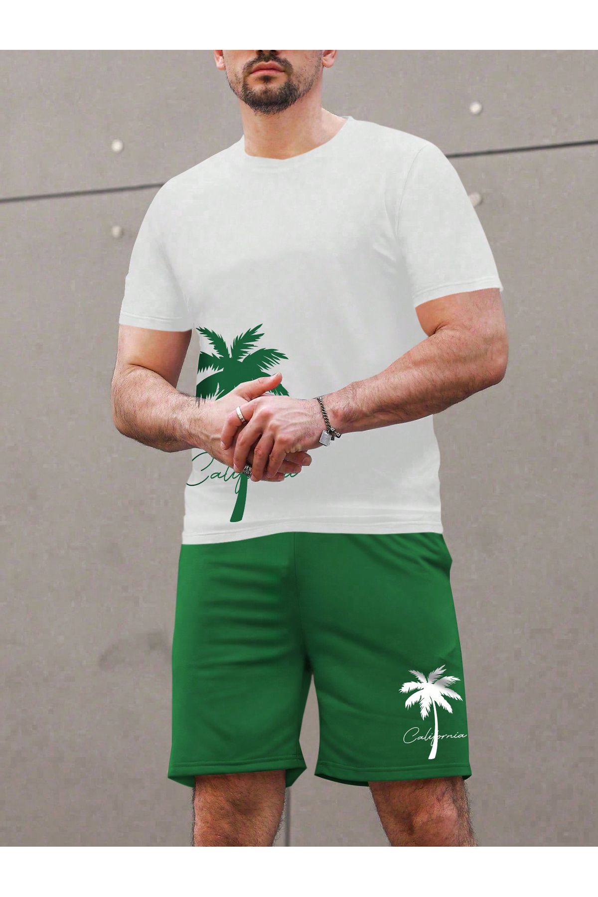 FoxSkin Sportswear&Company California Palmiye T-Shirt Şort - Beyaz Nefti Yeşil Alt Üst Takım Şort Tişört Baskılı Bisiklet Yaka
