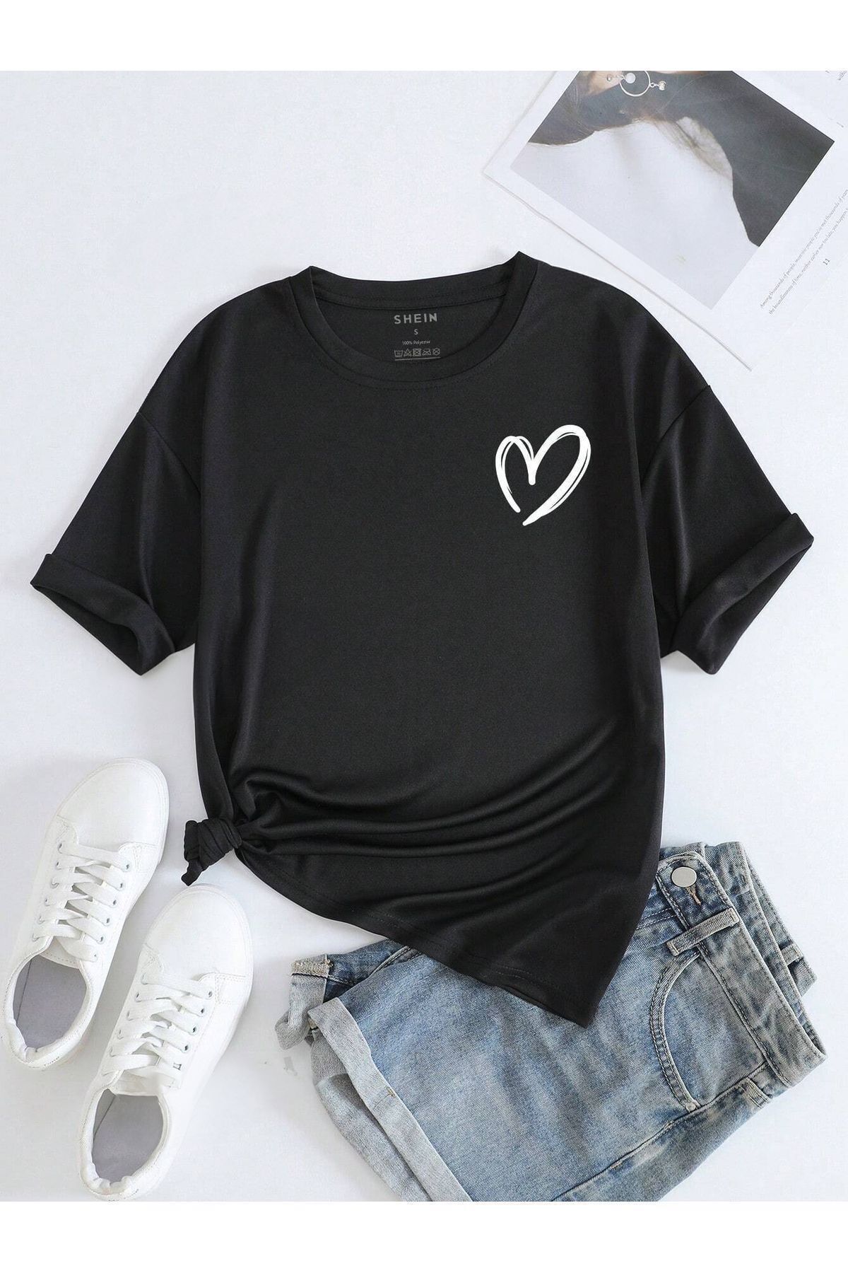 FoxSkin Sportswear&Company Kalp Şekil Tişört - Siyah Baskılı Oversize Yazlık Kısa Kol T-CCK1hirt Bisiklet Yaka