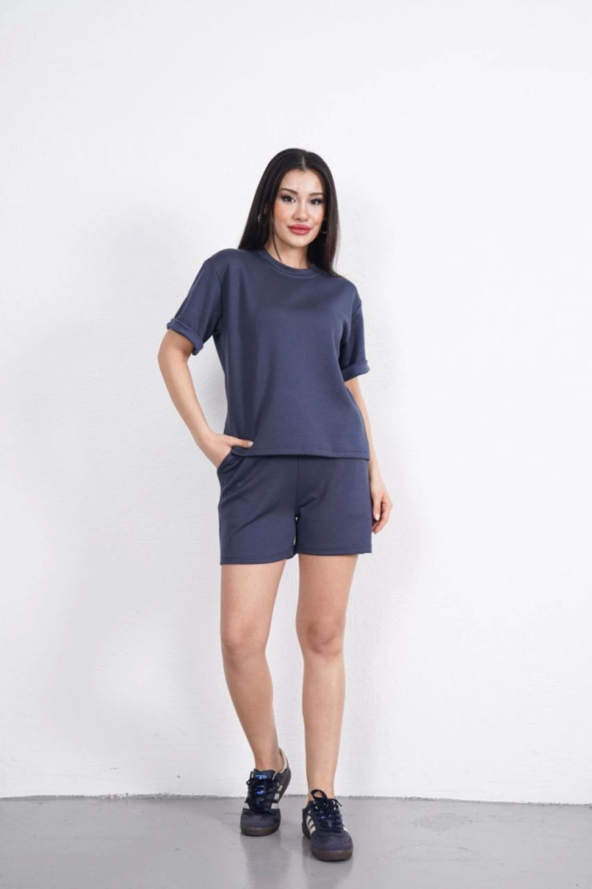 Bizcomoda Yumuşak Dokulu Kumaş Bisiklet Yaka T-shirt Kısa Şort İkili Takım - Antrasit