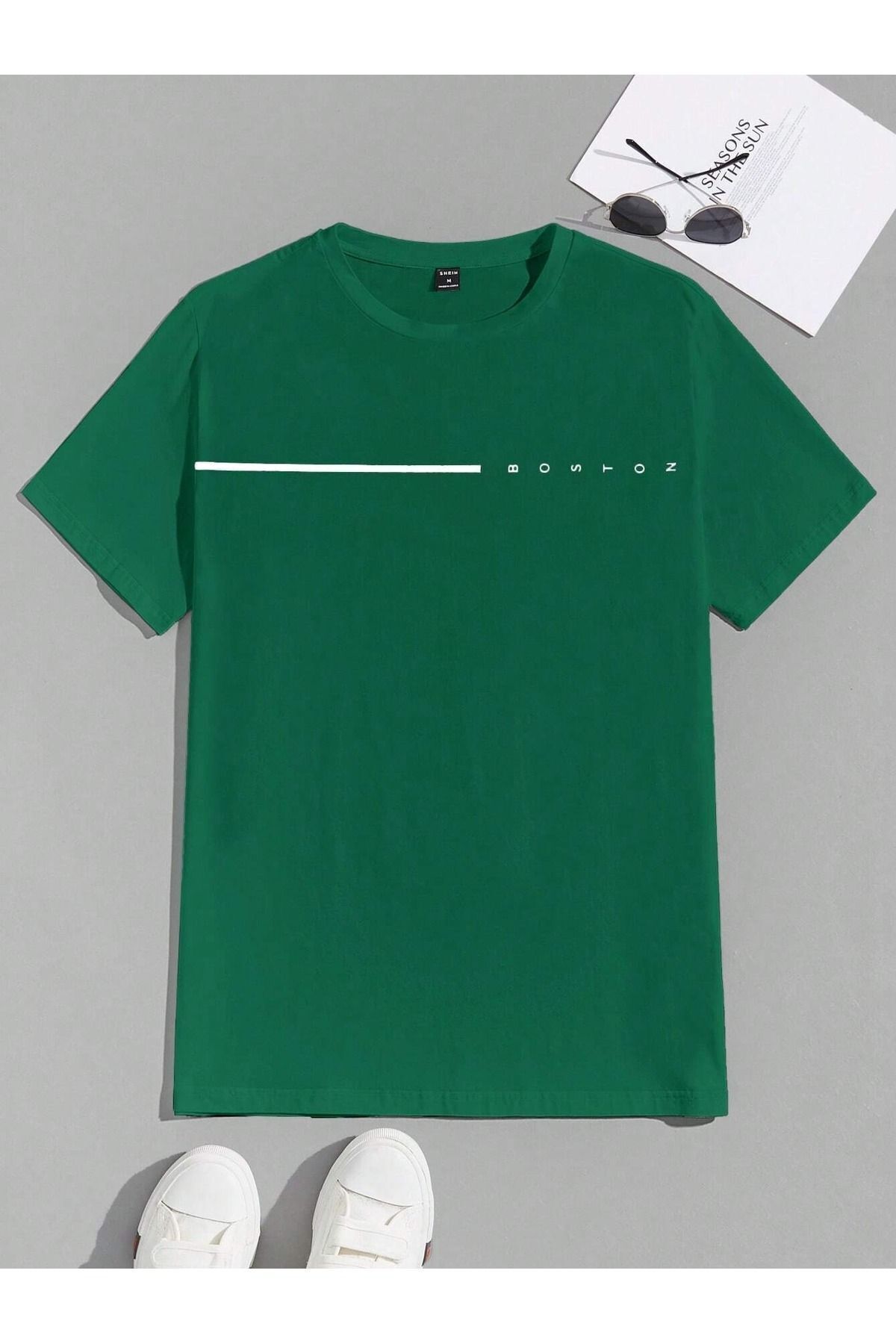 FoxSkin Sportswear&Company Boston Çizgi Tişört - Nefti Yeşil Baskılı Oversize Yazlık Kısa Kol T-Shirt Bisiklet Yaka