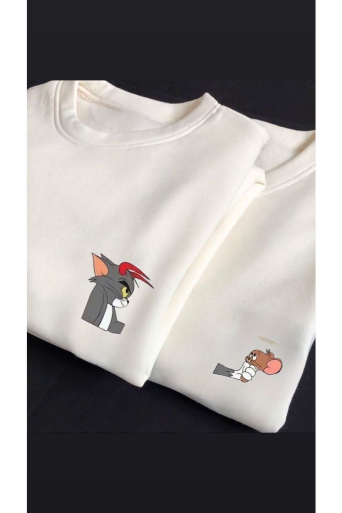 FoxSkin Sportswear&Company 2'Li Tom Jerry Boynuz Sevgili Kombin Sweatshirt - Beyaz Baskılı Oversize Şardonlu Bisiklet Yaka