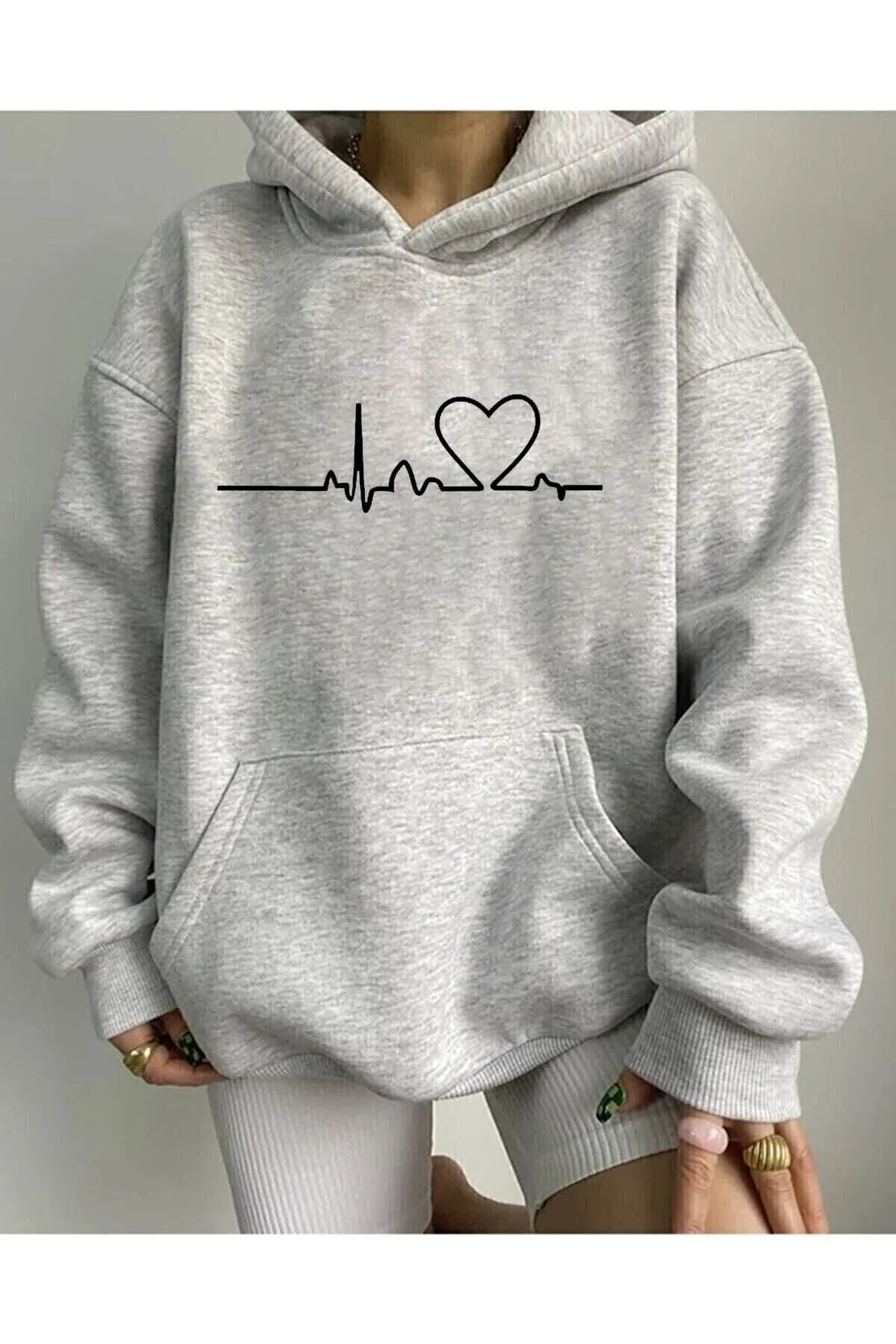 FoxSkin Sportswear&Company Unısex Gri Ritim Baskılı 3 Iplik Şardonlu Kapüşonlu Oversize Hoodie Sweatshirt