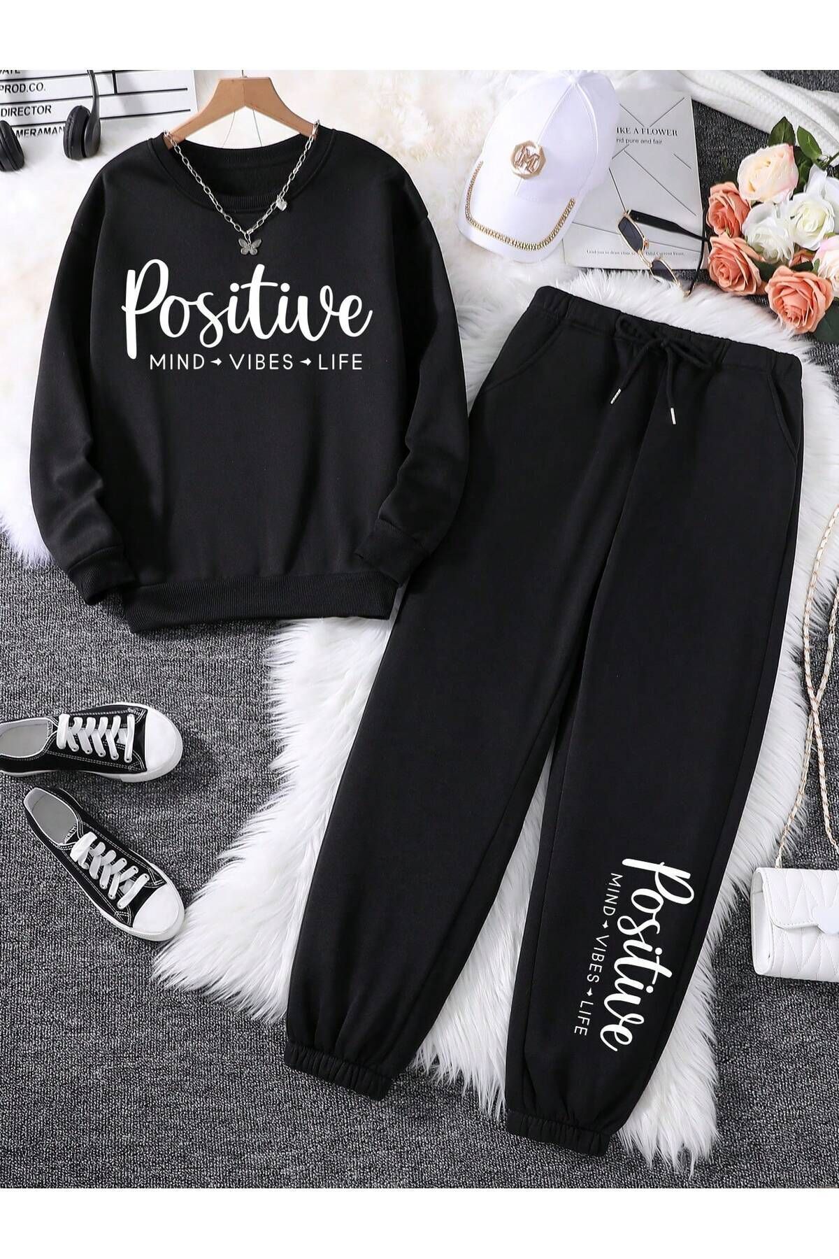 FoxSkin Sportswear&Company Positive Mind Baskılı Oversize Alt Üst Eşofman Takımı Lastik Paça