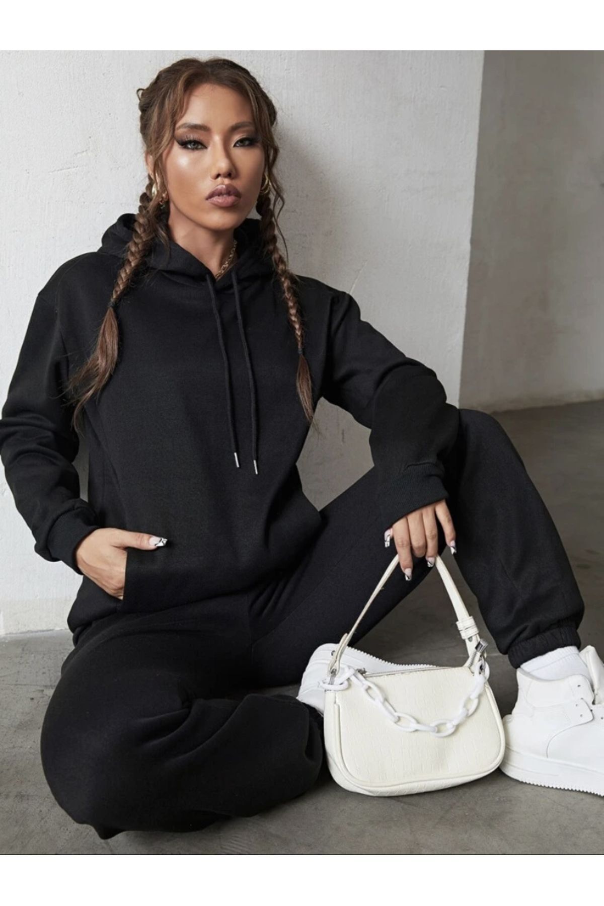 FoxSkin Sportswear&Company Siyah Baskısız Oversize kapüşonlu alt üst eşofman takımı Lastik Paça