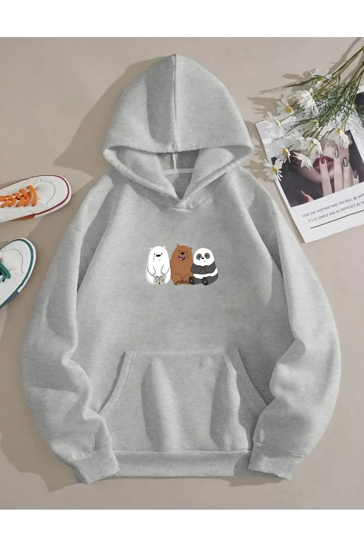 FoxSkin Sportswear&Company UNISEX 3 Ayı Baskılı Kapüşonlu Oversıze Sweatshirt Hoodie