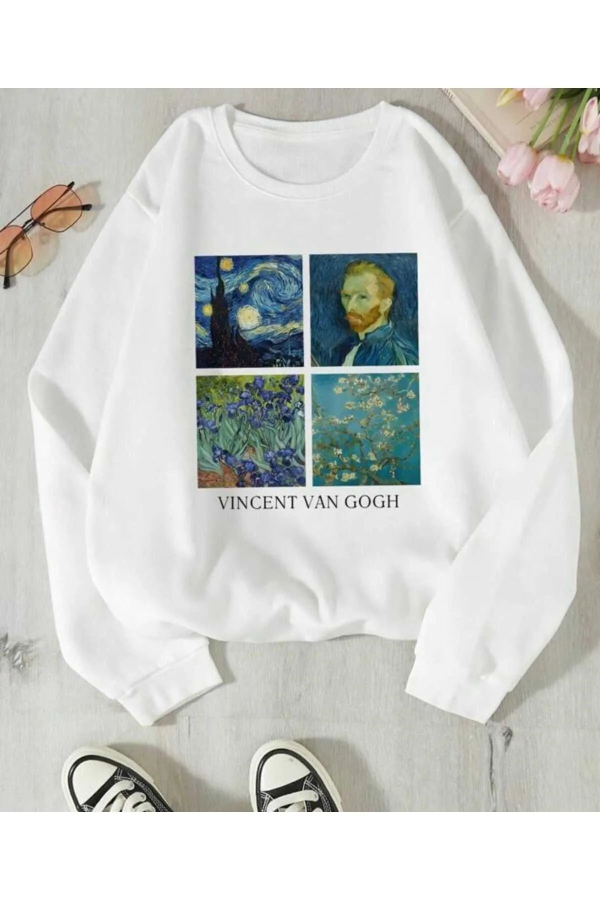 FoxSkin Sportswear&Company Kalın Kumaş Unisex Van Gogh Baskılı Oversize Bisiklet Yaka Sweatshirt
