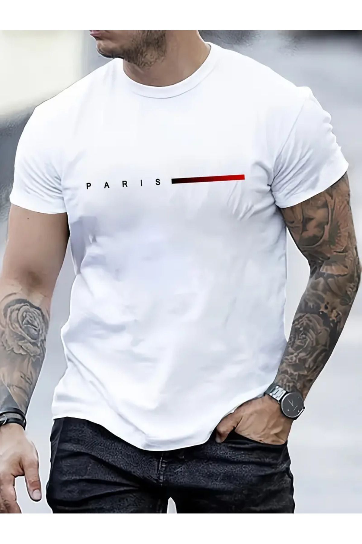 FoxSkin Sportswear&Company Paris Kısa Şerit Tişört - Beyaz Baskılı Oversize Yazlık Kısa Kol T-Shirt Bisiklet Yaka