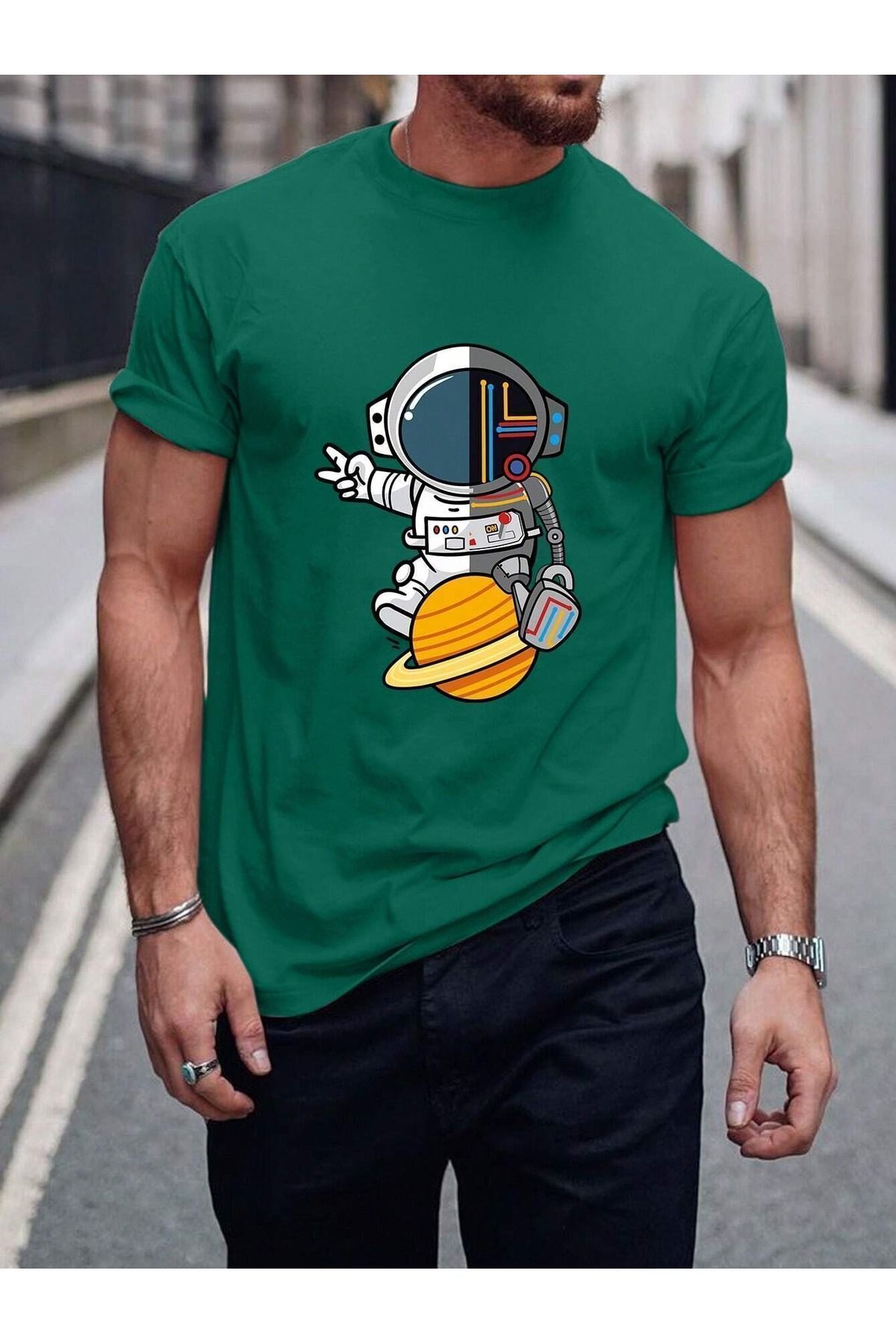 FoxSkin Sportswear&Company Astronot Çizim Tişört - Nefti Yeşil Baskılı Oversize Yazlık Kısa Kol T-Shirt Bisiklet Yaka