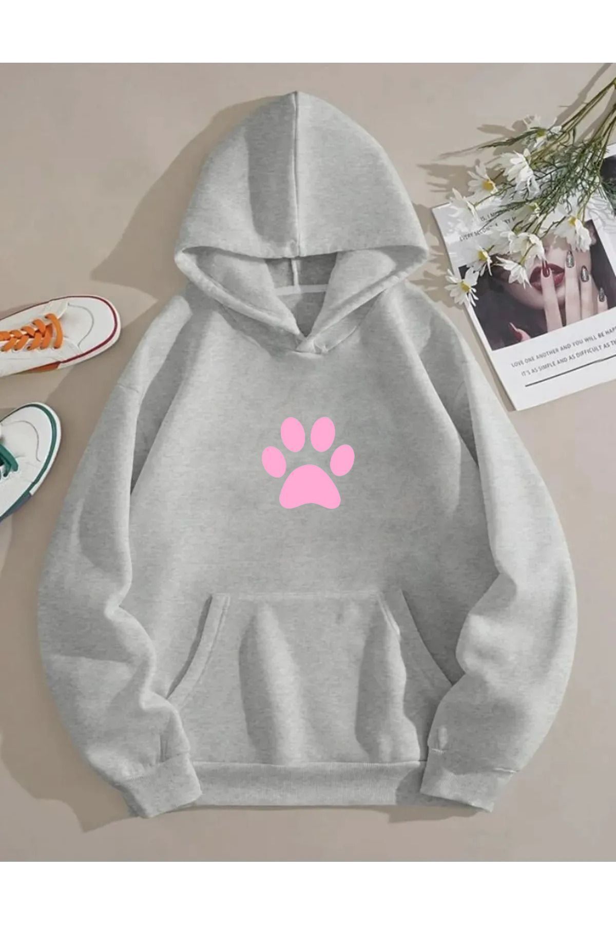 FoxSkin Sportswear&Company UNISEX PİNK PATİ SAKLAMBAÇ Baskılı Kapüşonlu Oversıze Sweatshirt Hoodie