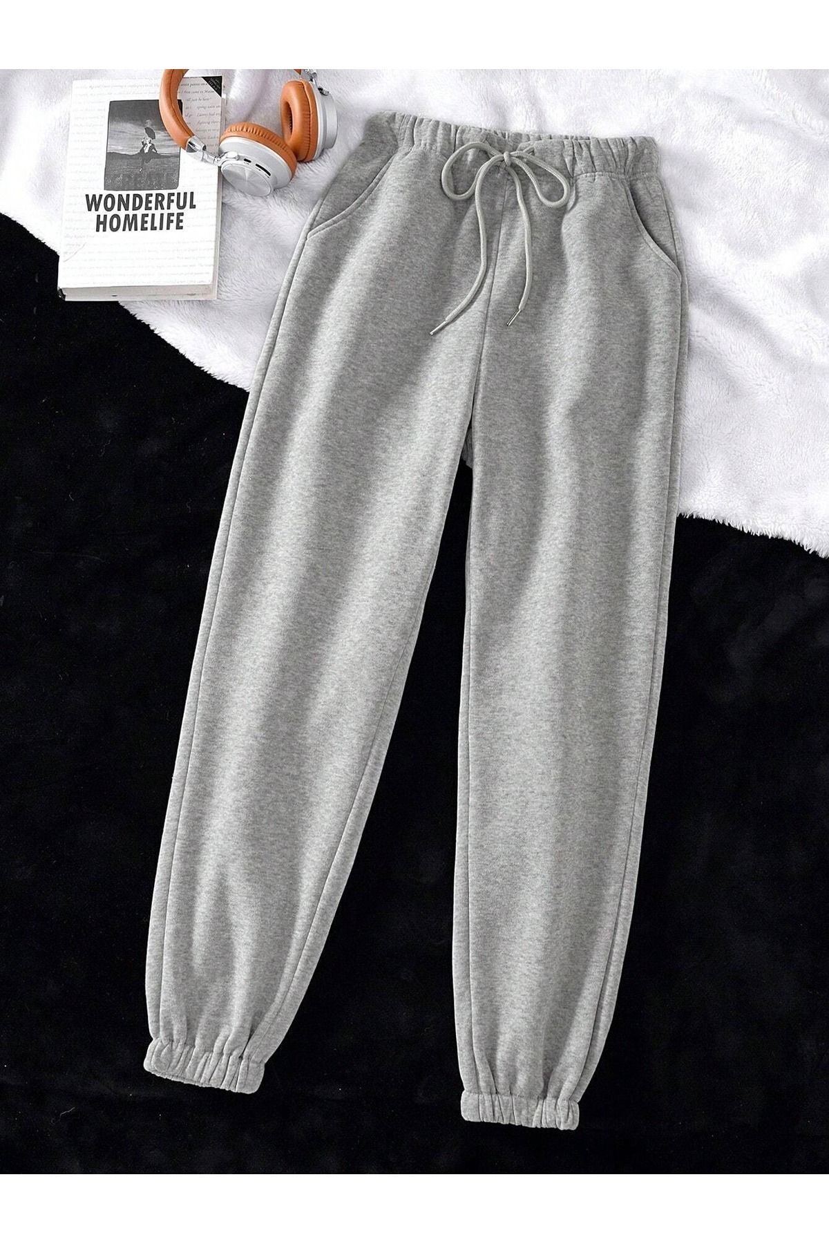 FoxSkin Sportswear&Company Baskısız Eşofman Altı Jogger - Gri Lastik Paça Yüksek Bel Kışlık