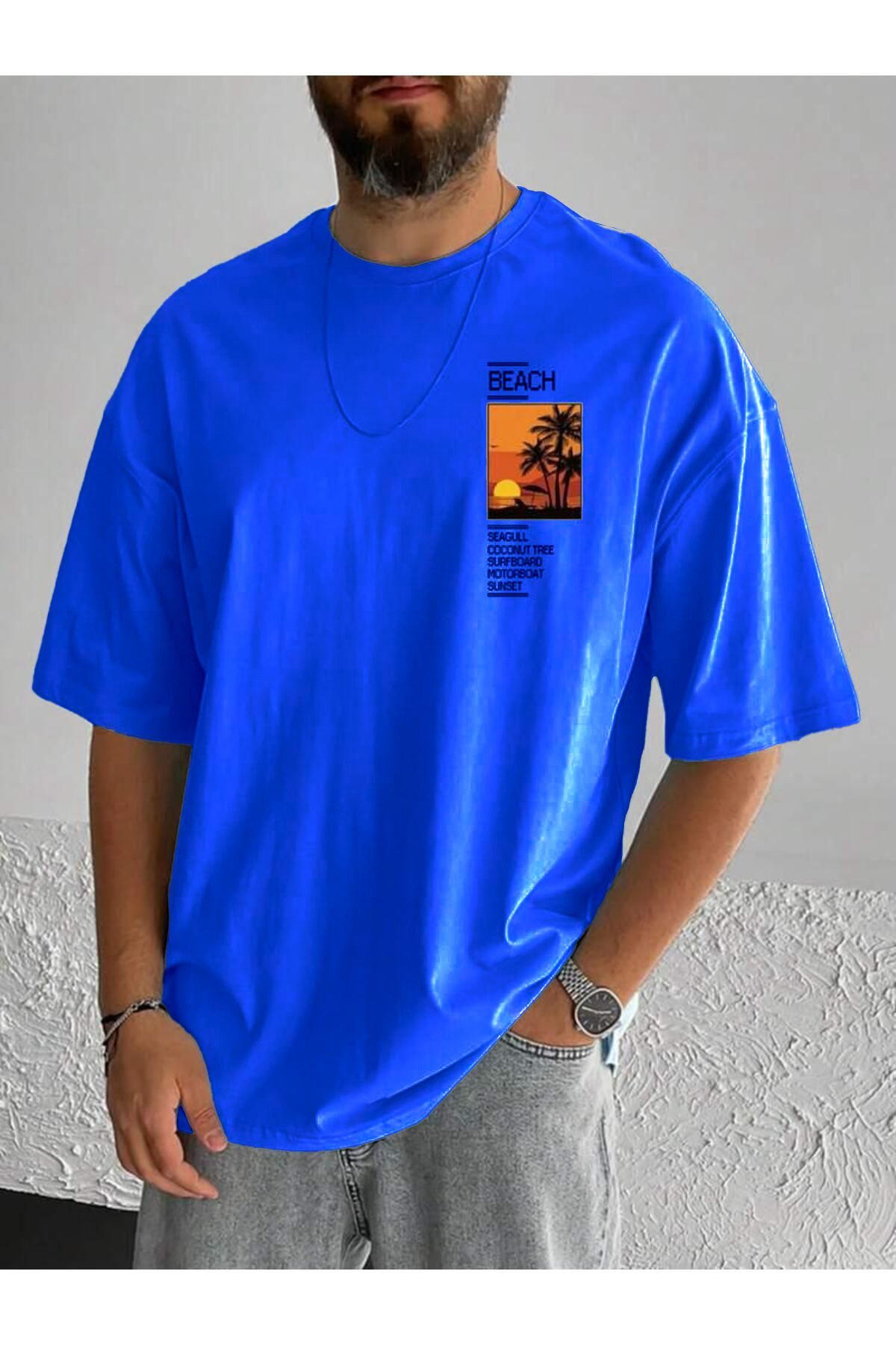 FoxSkin Sportswear&Company Beach Sunset Tişört - Sax Mavi Baskılı Oversize Yazlık Kısa Kol T-Shirt Bisiklet Yaka