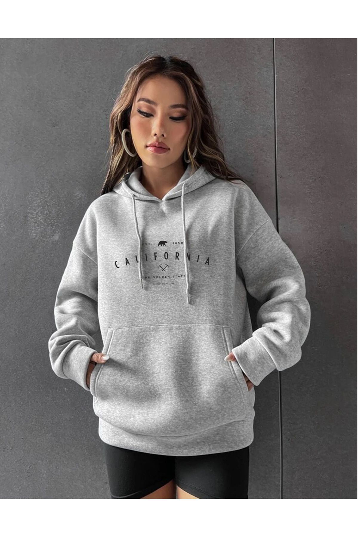 FoxSkin Sportswear&Company UNISEX Gri Calıfornıa Baskılı Kışlık 3 Iplik Şardonlu Kapüşonlu Oversize Hoodie Sweatshirt