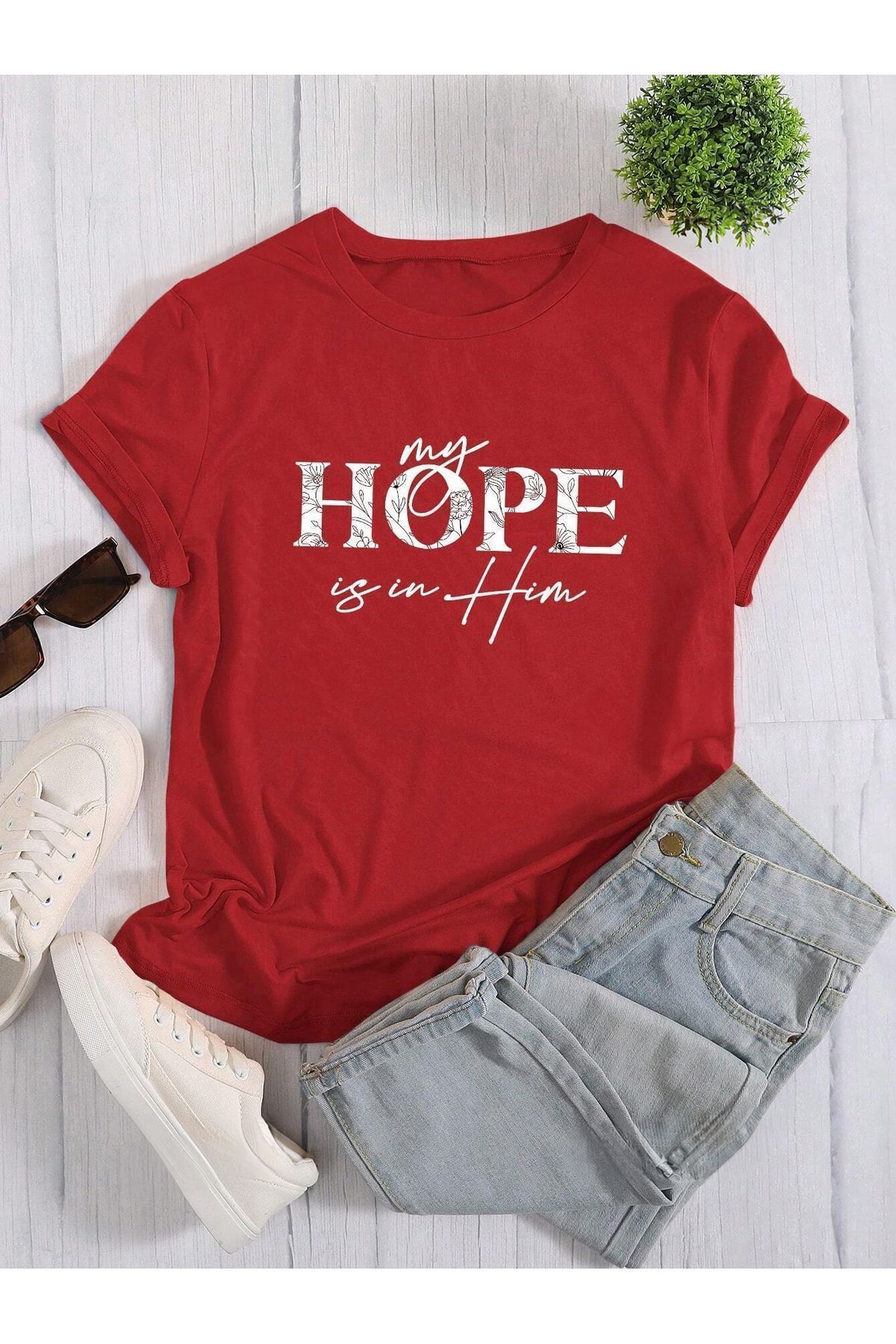 FoxSkin Sportswear&Company Hope Him Tişört - Kırmızı Baskılı Oversize Yazlık Kısa Kol T-Shirt Bisiklet Yaka