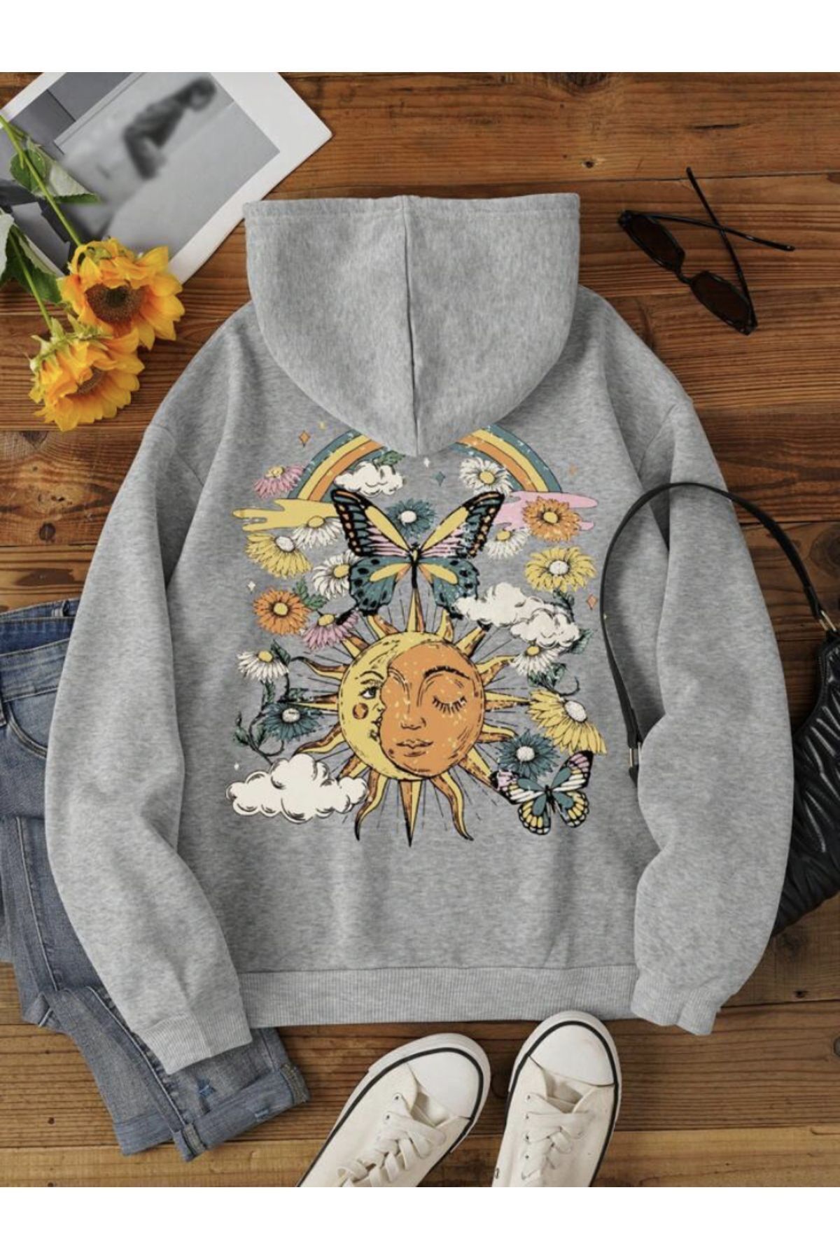 FoxSkin Sportswear&Company Unisex Güneş Baskılı Kapüşonlu Oversıze Sweatshirt Hoodie
