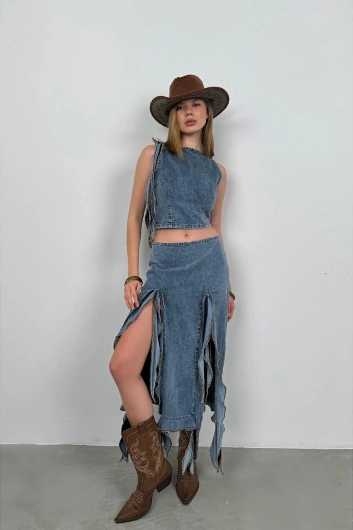 Kaplan Fırfır Detay Denim Bluz