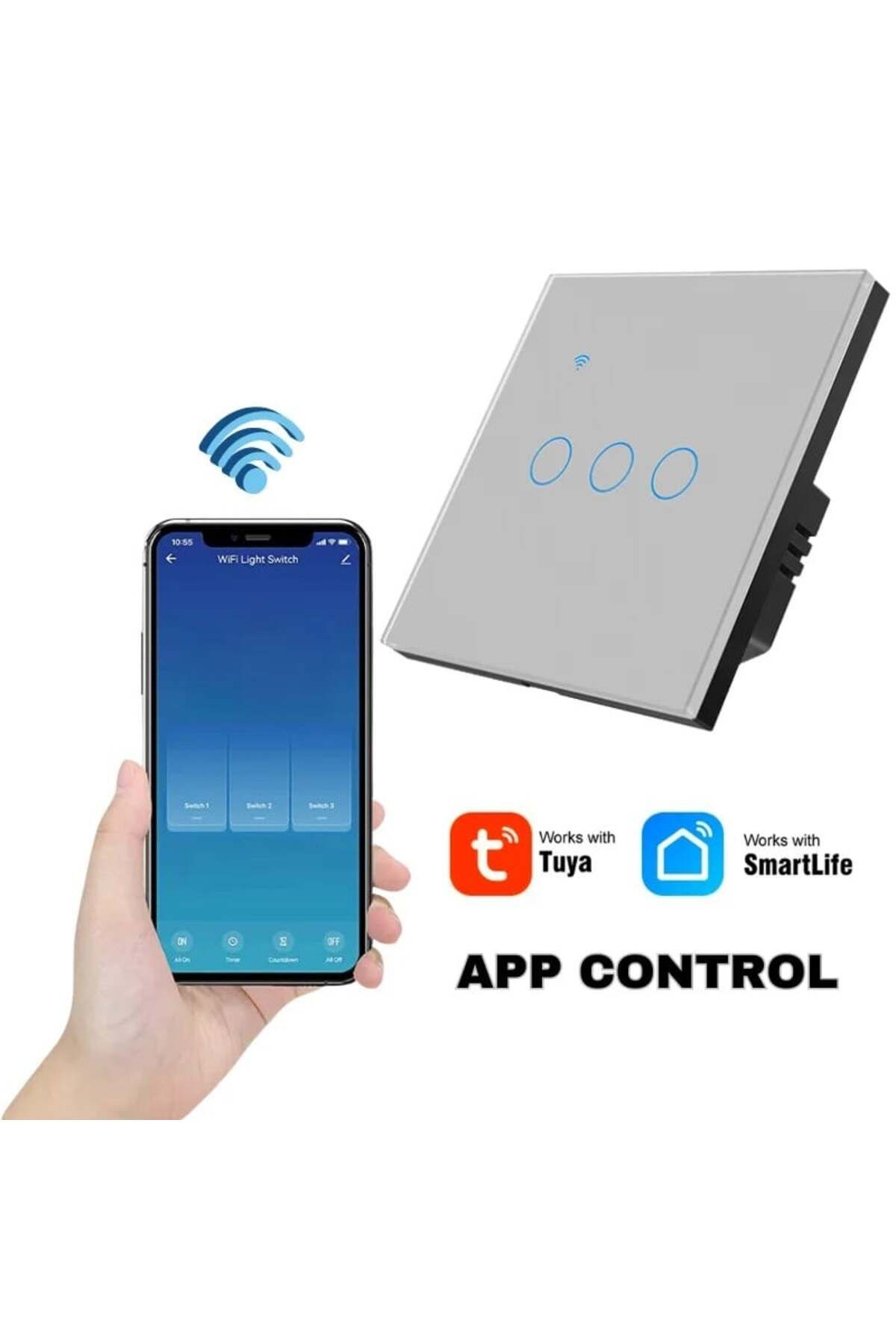 iUni-Întrerupător tactil inteligent, WiFi, Sticlă securizată, iUni 3G, 10A, Control vocal, Smart Life/Tuya, LED, Argintiu 3