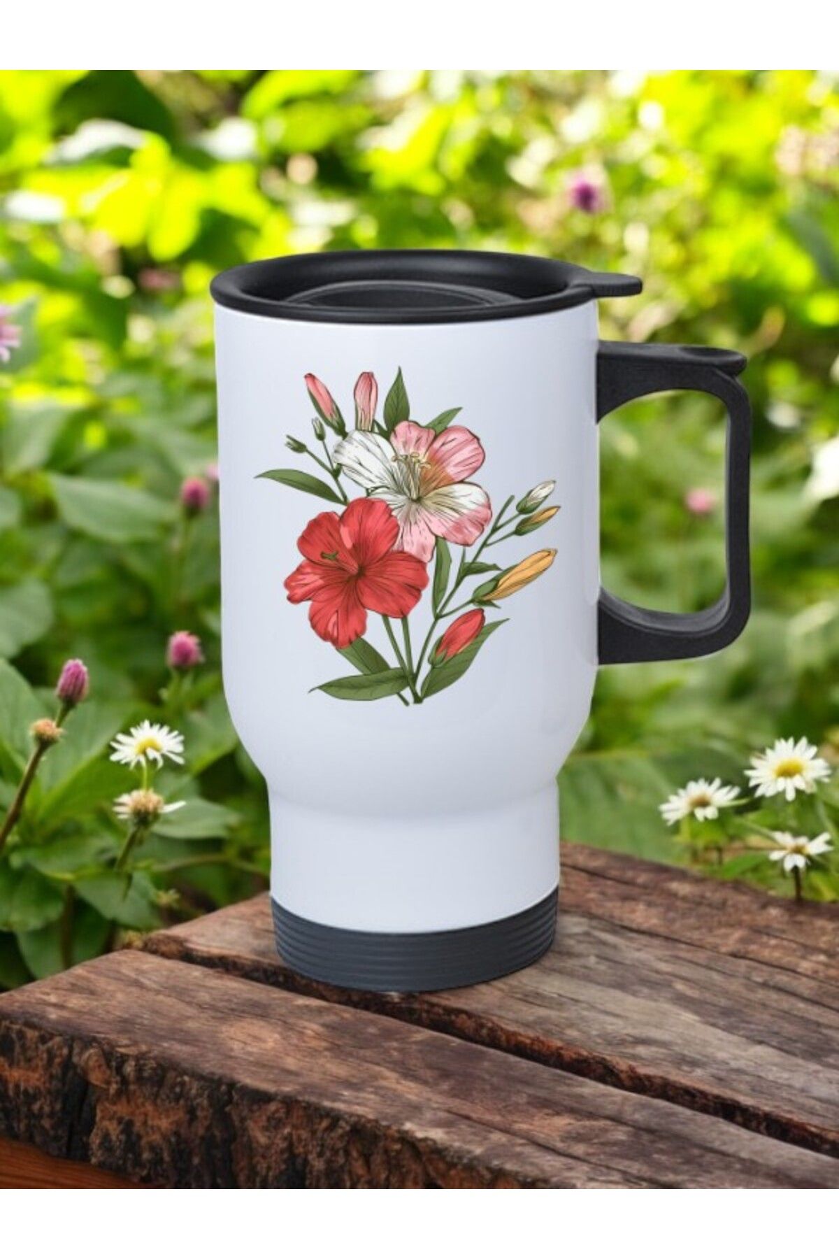 lili hediyelik Çiçek Teması Baskılı Kulplu Çelik Bardak Termos 450 ml