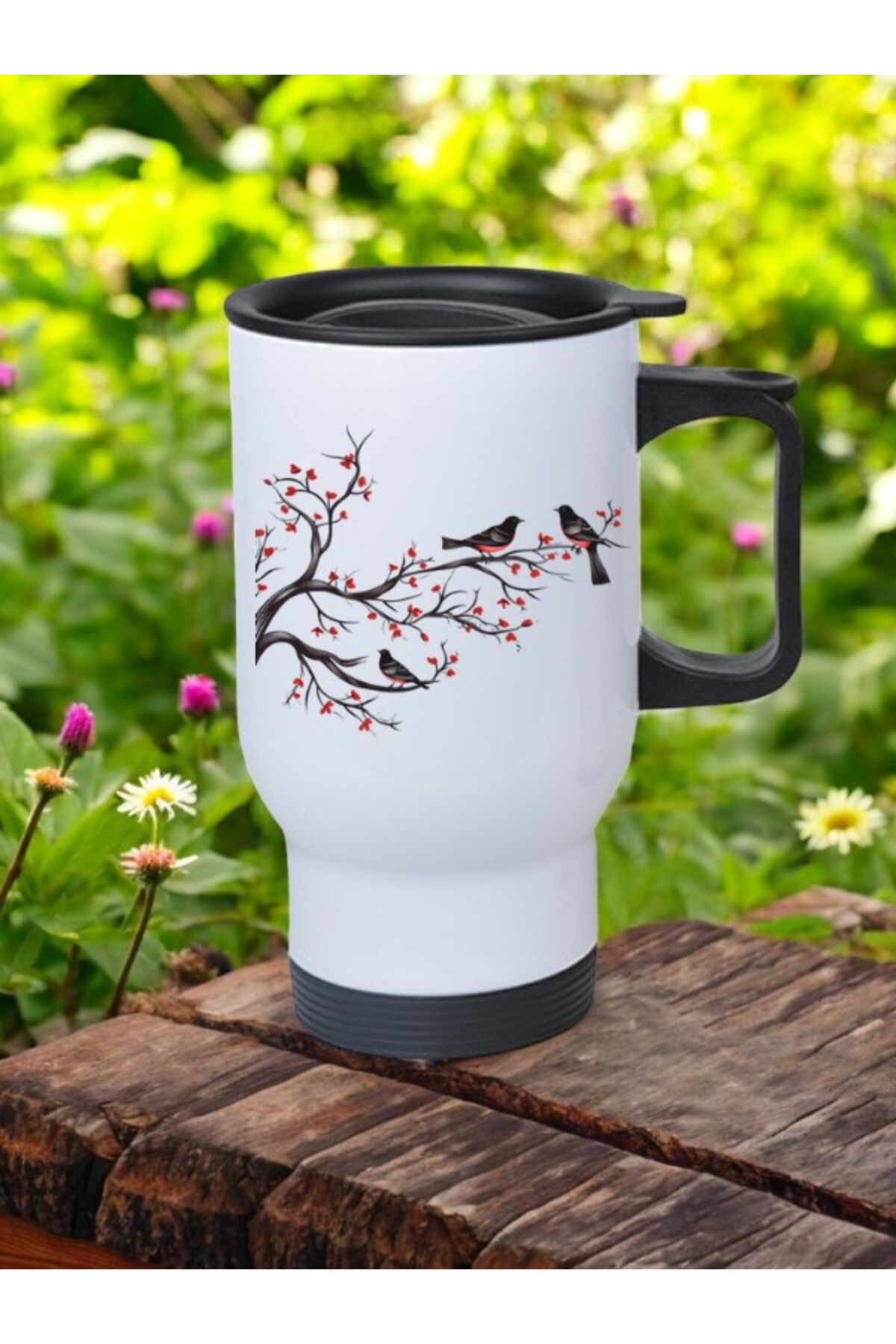 lili hediyelik Dalda Kırmızı Kuşlar Baskılı Kulplu Çelik Bardak Termos 450 ml