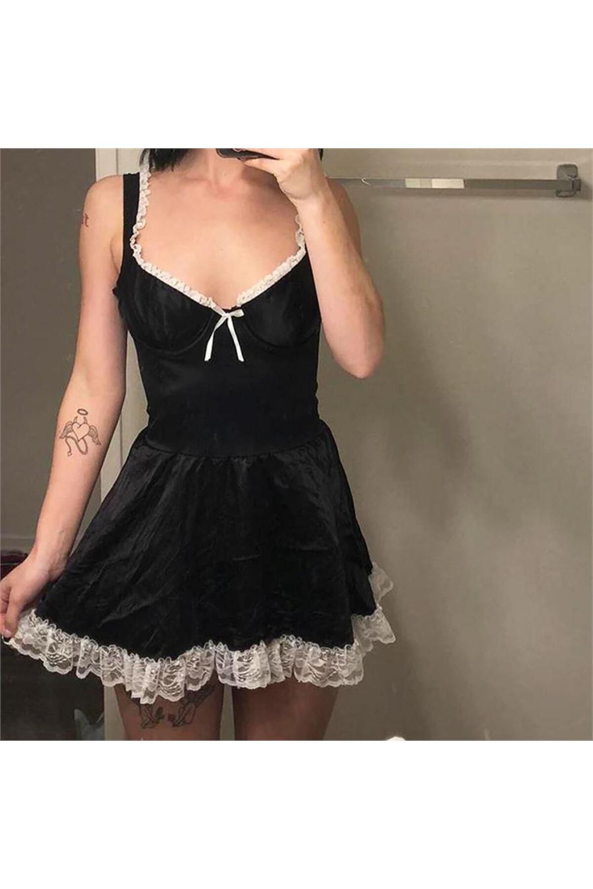 BALİNA Siyah Dantelli Kurdeleli Kare Yaka Lolita Mini Elbise THE SOLO
