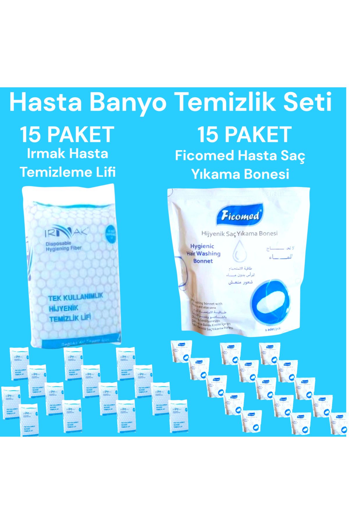Ficomed Saç Yıkama Bonesi Ve Irmak Hasta Temizleme Lifi 2 Li Set ( 15+15 PAKET )