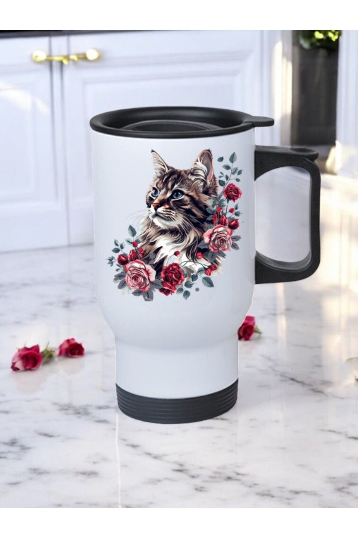 lili hediyelik Güller İçinde Kedi Baskılı Kulplu Çelik Bardak Termos 450 ml
