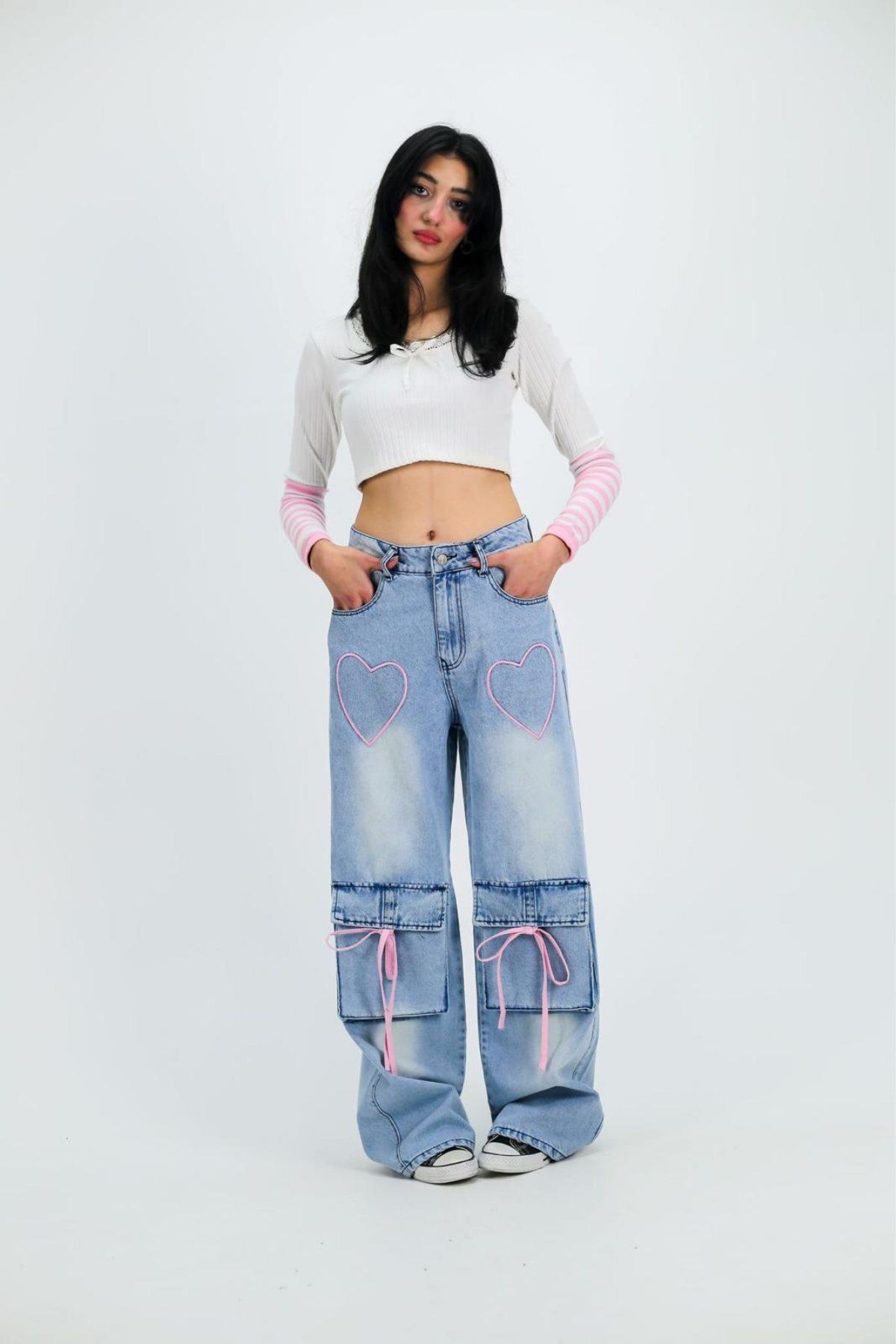 BALİNA Mavi Jean Heart & Ribbon Cepli Baggy Kot Pantolon THE SOLO