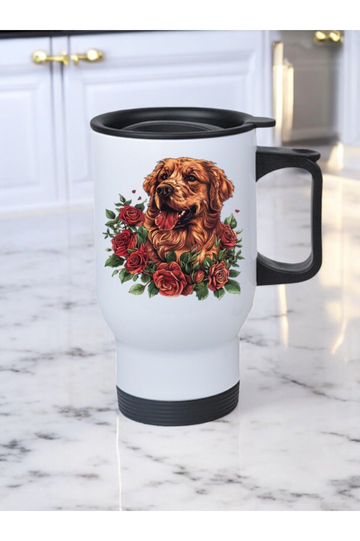 lili hediyelik Güller İçinde Köpek Baskılı Kulplu Çelik Bardak Termos 450 ml
