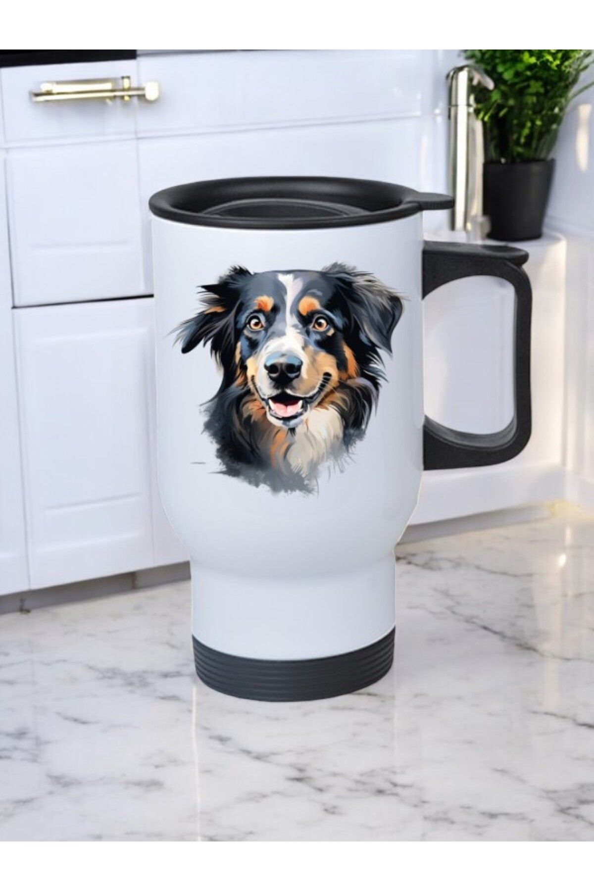 lili hediyelik Gülen Köpek Baskılı Kulplu Çelik Bardak Termos 450 ml