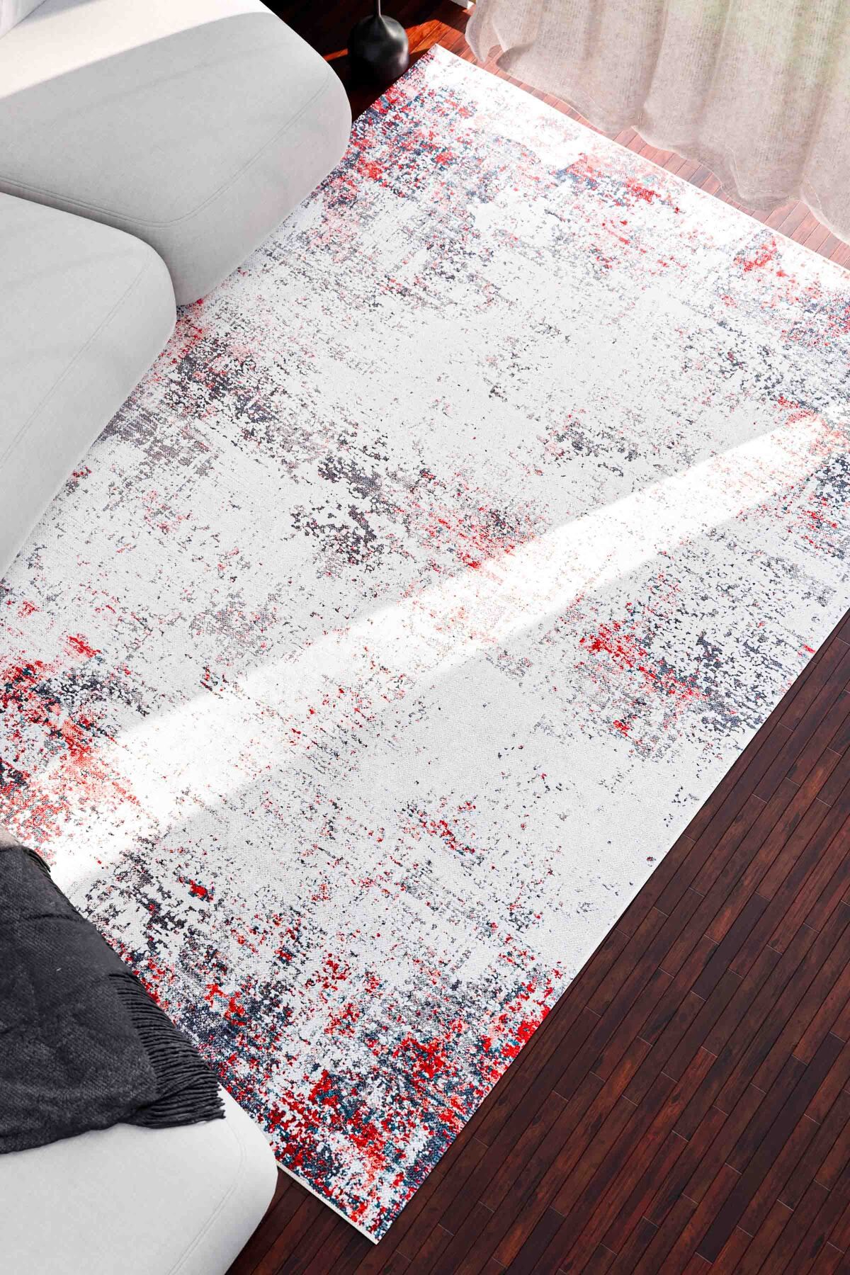 Serente Home Soyut Desenli Yıkanabilir Kaymaz Taban Şönil Gri Kırmızı Mutfak Halısı 4166