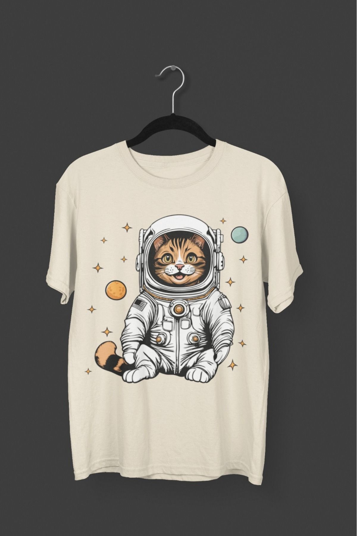 Butik ERKEK/KADIN -ASTRONOT KEDİ - TRANSFER BASKILI YUVARLAK YAKA KISA KOL TİŞÖRT