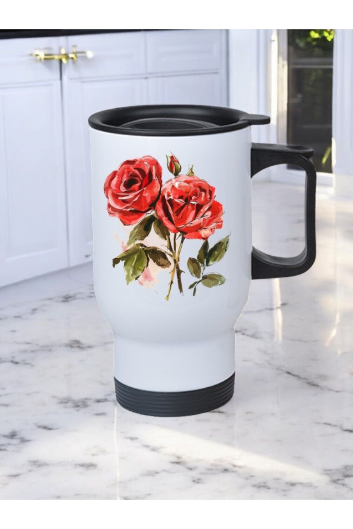 lili hediyelik Gül Baskılı Kulplu Çelik Bardak Termos 450 ml